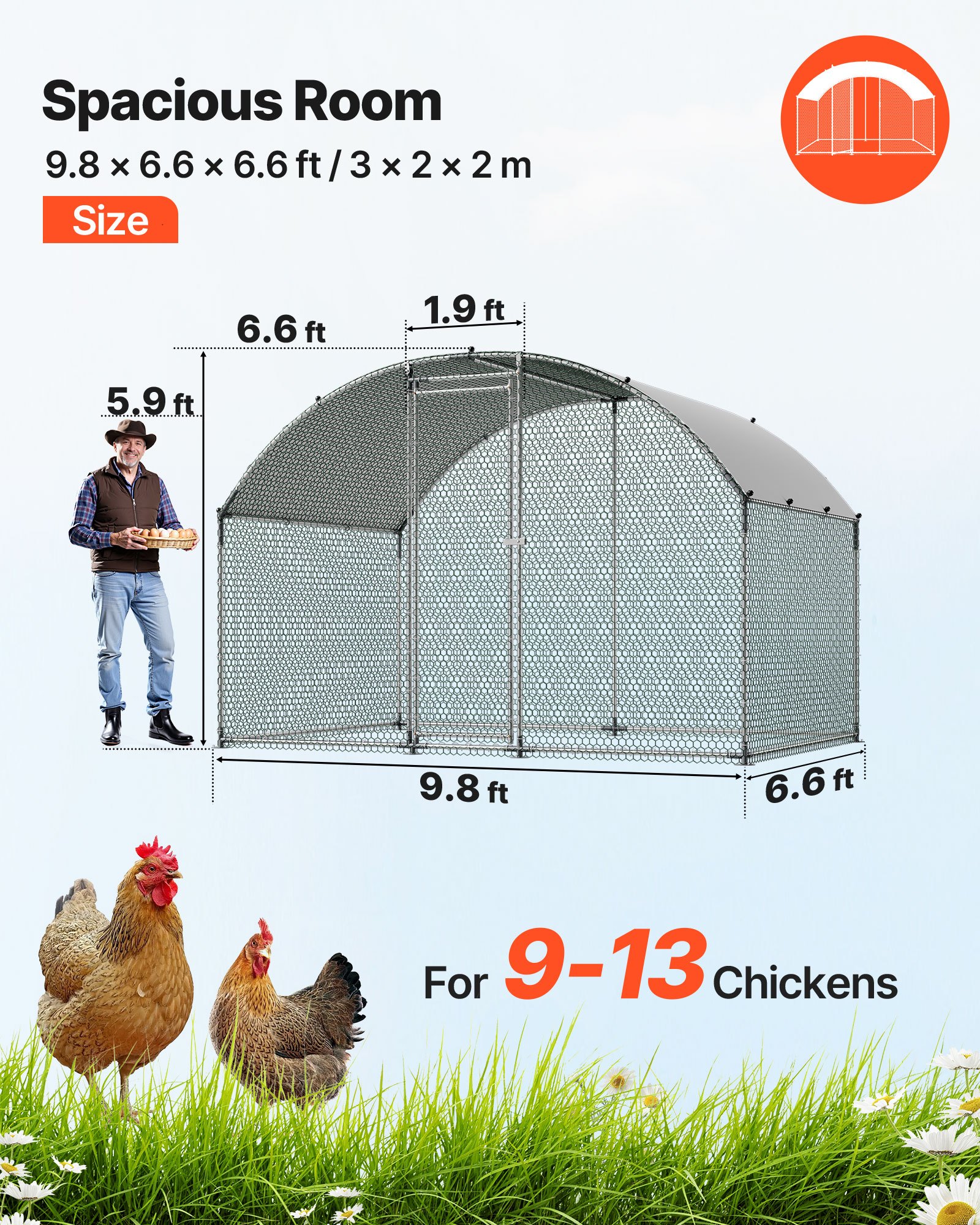 VEVOR Gallinero de Metal 3 x 2 x 2 m, Corral Grande para Gallinas con Cubierta, Cerramiento de Gallinero con Techo Abuhardillado y Cerradura de Seguridad para Patos, Conejos y Aves de Corral