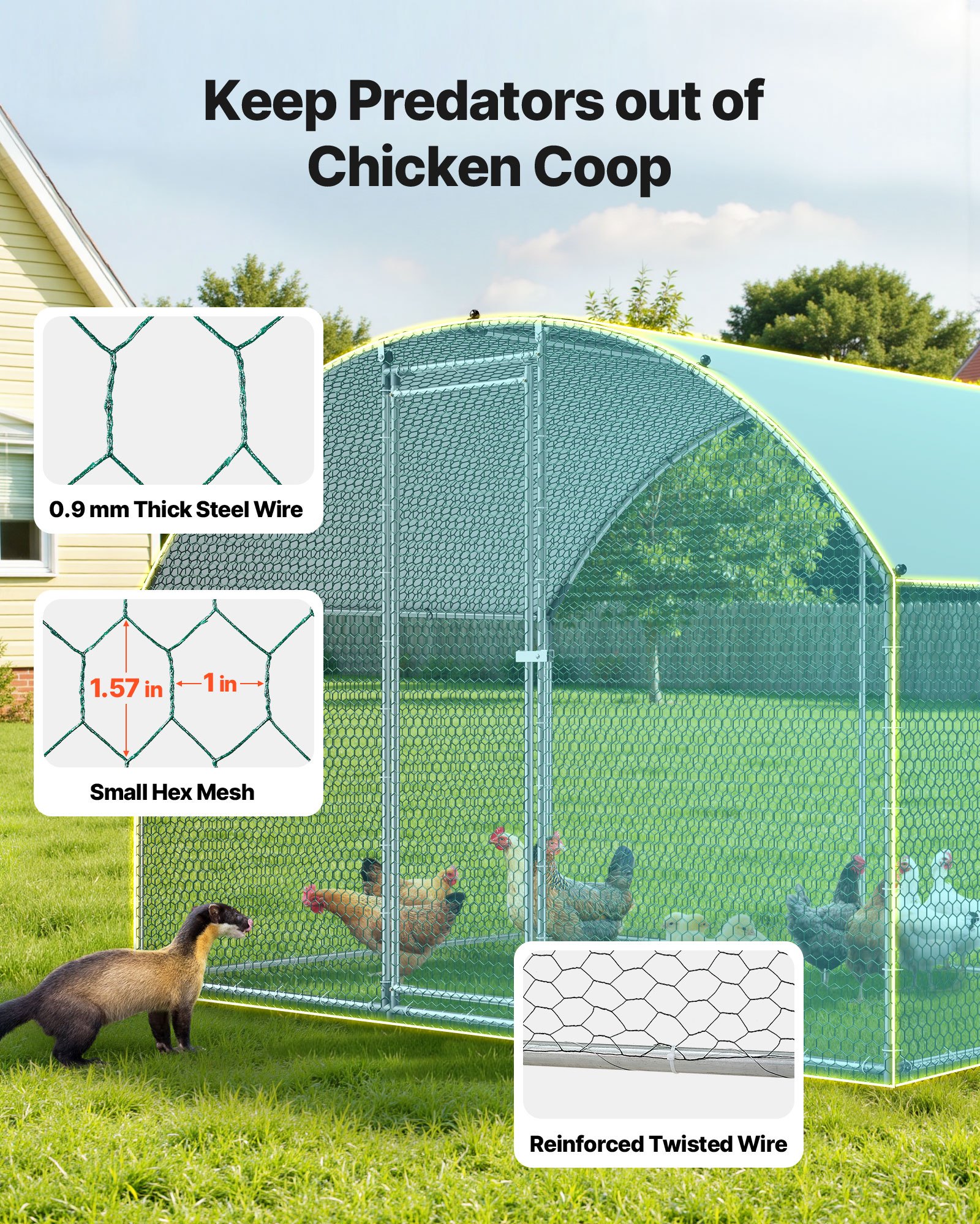 VEVOR Gallinero de Metal 3 x 2 x 2 m, Corral Grande para Gallinas con Cubierta, Cerramiento de Gallinero con Techo Abuhardillado y Cerradura de Seguridad para Patos, Conejos y Aves de Corral