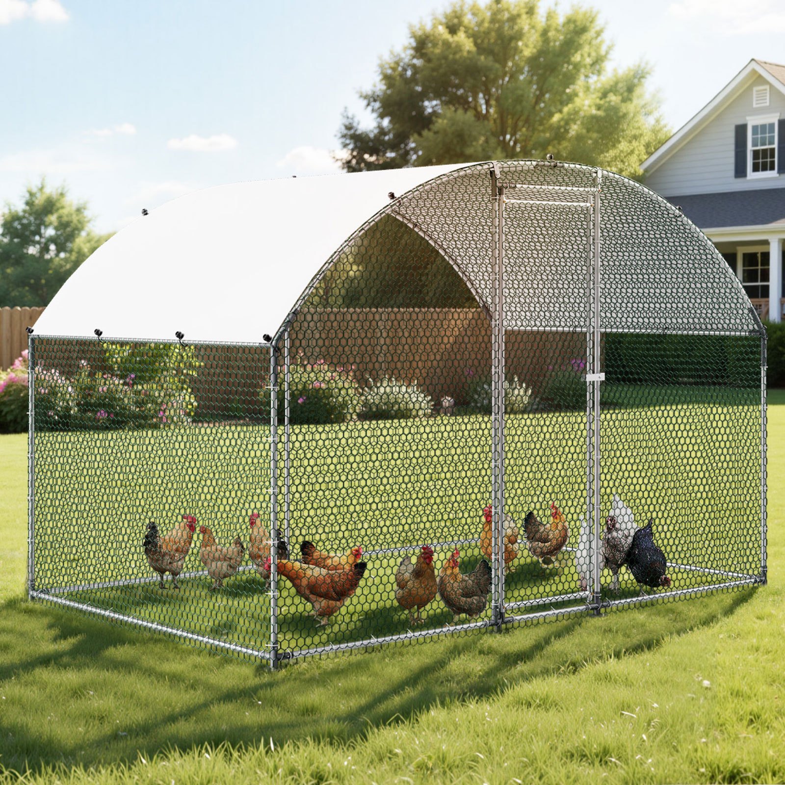 VEVOR Gallinero de Metal 3 x 2 x 2 m, Corral Grande para Gallinas con Cubierta, Cerramiento de Gallinero con Techo Abuhardillado y Cerradura de Seguridad para Patos, Conejos y Aves de Corral