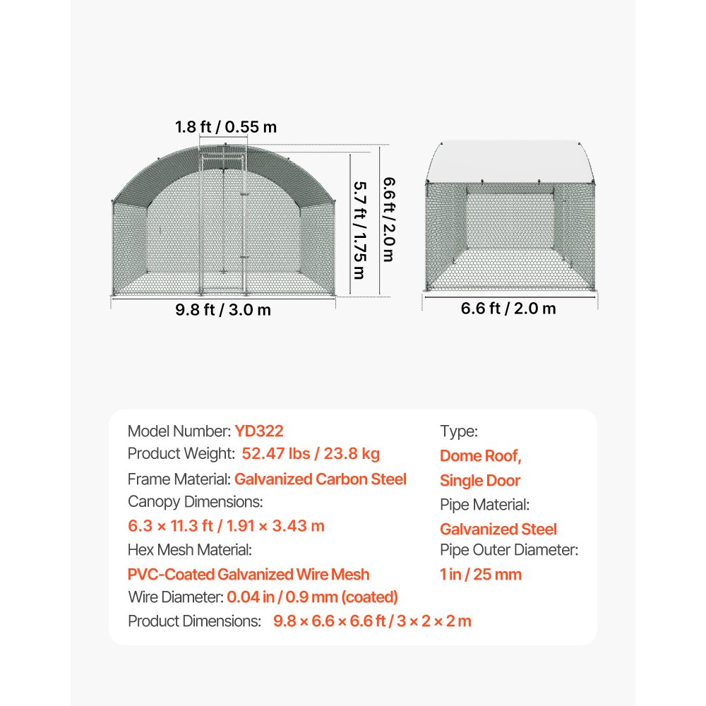 VEVOR Gallinero para Exterior Grande de 3 x 2 x 2 m Caseta para Gallinas, con Techo Semicircular, Cubierta Impermeable, Acero Galvanizado, Corral para Pollos Patos Ganso Compatible con Campo Granja