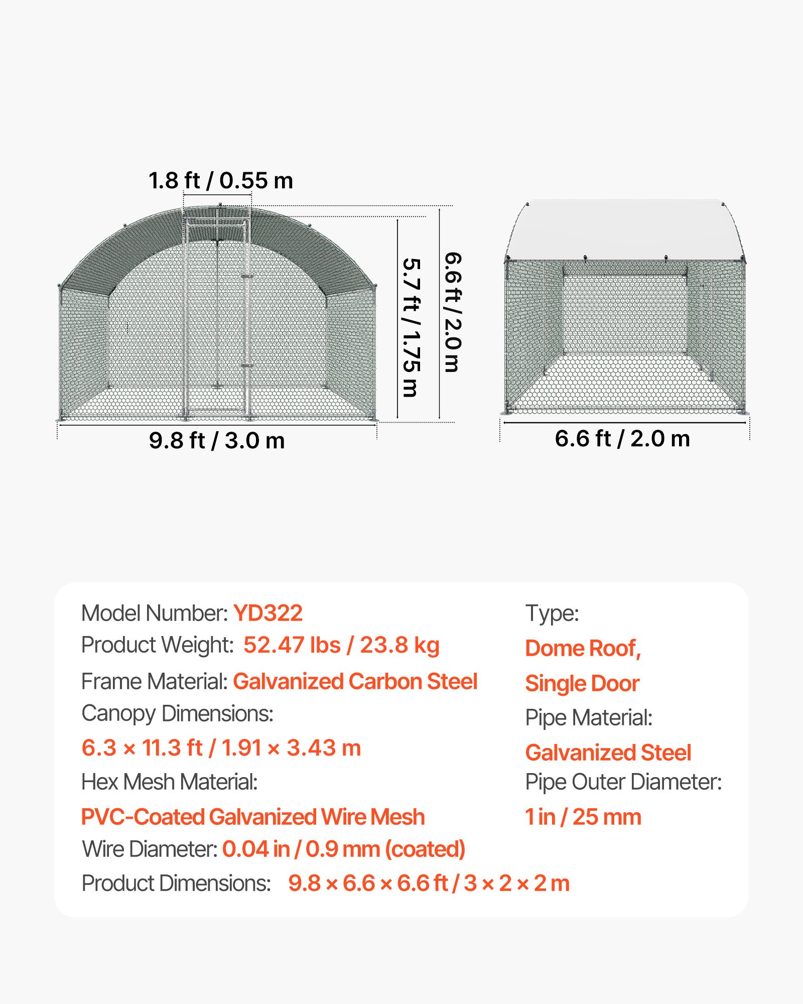 VEVOR Gallinero para Exterior Grande de 3 x 2 x 2 m Caseta para Gallinas, con Techo Semicircular, Cubierta Impermeable, Acero Galvanizado, Corral para Pollos Patos Ganso Compatible con Campo Granja