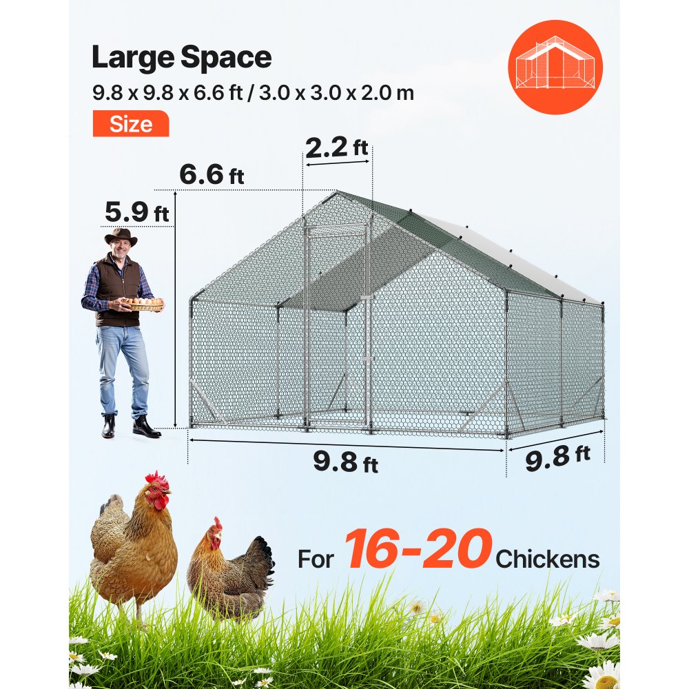 VEVOR Gallinero Metálico 3 x 3 x 2 m, Recinto Gallinero con Cubierta Impermeable y Estructura Resistente, Jaula para Aves de Corral con Techo a Dos Aguas, para Uso en Exteriores, Jardines, Granjas