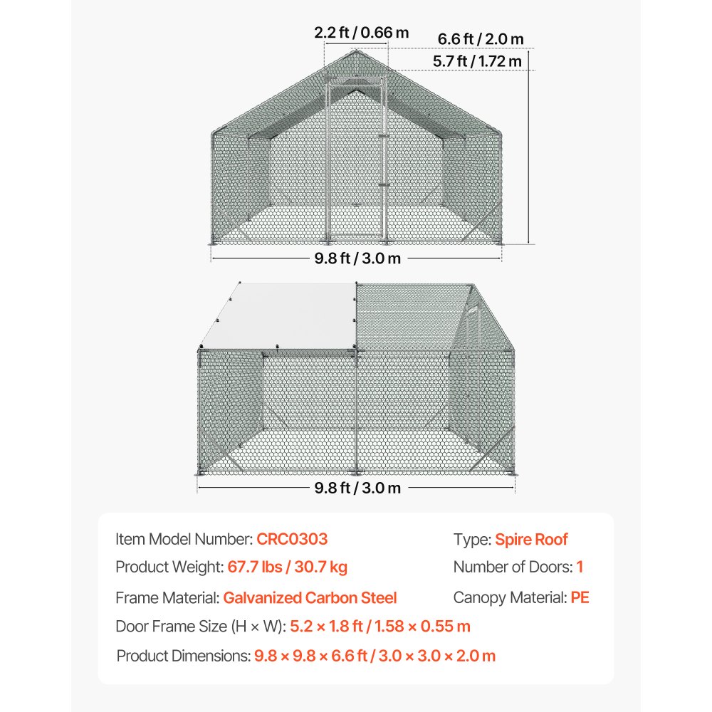 VEVOR Gallinero Metálico 3 x 3 x 2 m, Recinto Gallinero con Cubierta Impermeable y Estructura Resistente, Jaula para Aves de Corral con Techo a Dos Aguas, para Uso en Exteriores, Jardines, Granjas