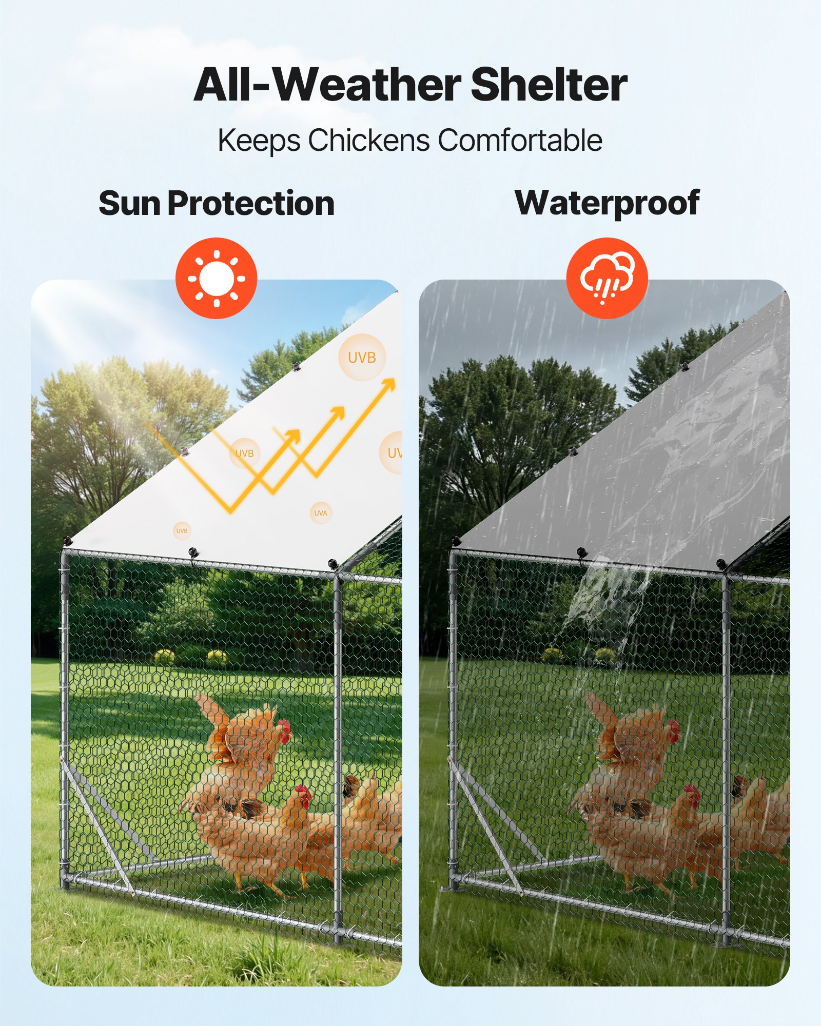 VEVOR Gallinero Metálico 3 x 3 x 2 m, Recinto Gallinero con Cubierta Impermeable y Estructura Resistente, Jaula para Aves de Corral con Techo a Dos Aguas, para Uso en Exteriores, Jardines, Granjas