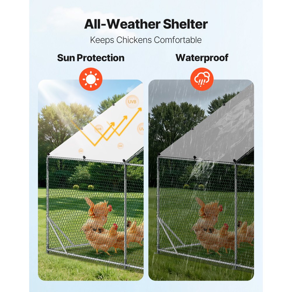 VEVOR Gallinero para Exterior Grande de 3 x 3 x 2 m, Caseta para Gallinas con Techo a Dos Aguas, Cubierta Impermeable, Marco de Acero Galvanizado, Corral de Malla para Pollos Conejos Patos en Granja