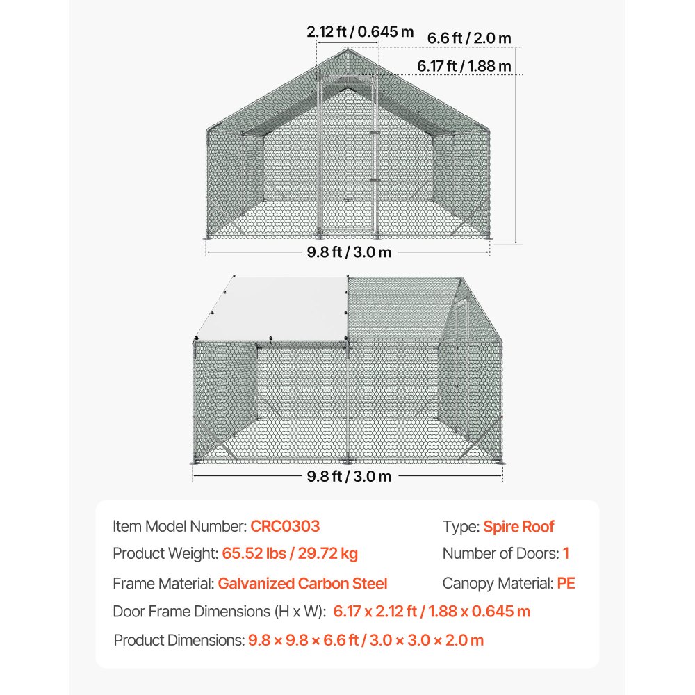 VEVOR Gallinero para Exterior Grande de 3 x 3 x 2 m, Caseta para Gallinas con Techo a Dos Aguas, Cubierta Impermeable, Marco de Acero Galvanizado, Corral de Malla para Pollos Conejos Patos en Granja