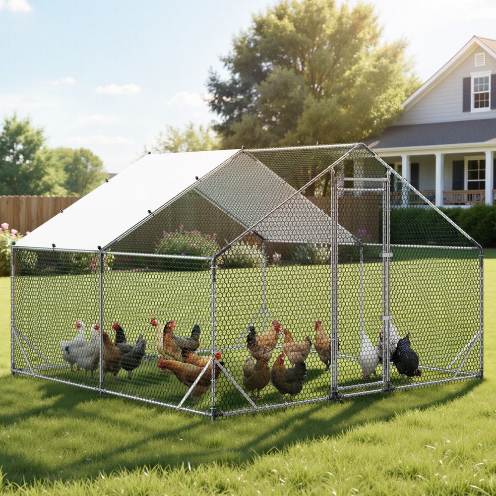 VEVOR Gallinero para Exterior Grande de 3 x 3 x 2 m, Caseta para Gallinas con Techo a Dos Aguas, Cubierta Impermeable, Marco de Acero Galvanizado, Corral de Malla para Pollos Conejos Patos en Granja