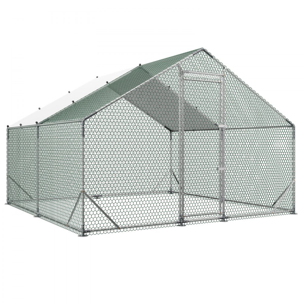 VEVOR Gallinero para Exterior Grande de 3 x 3 x 2 m, Caseta para Gallinas con Techo a Dos Aguas, Cubierta Impermeable, Marco de Acero Galvanizado, Corral de Malla para Pollos Conejos Patos en Granja