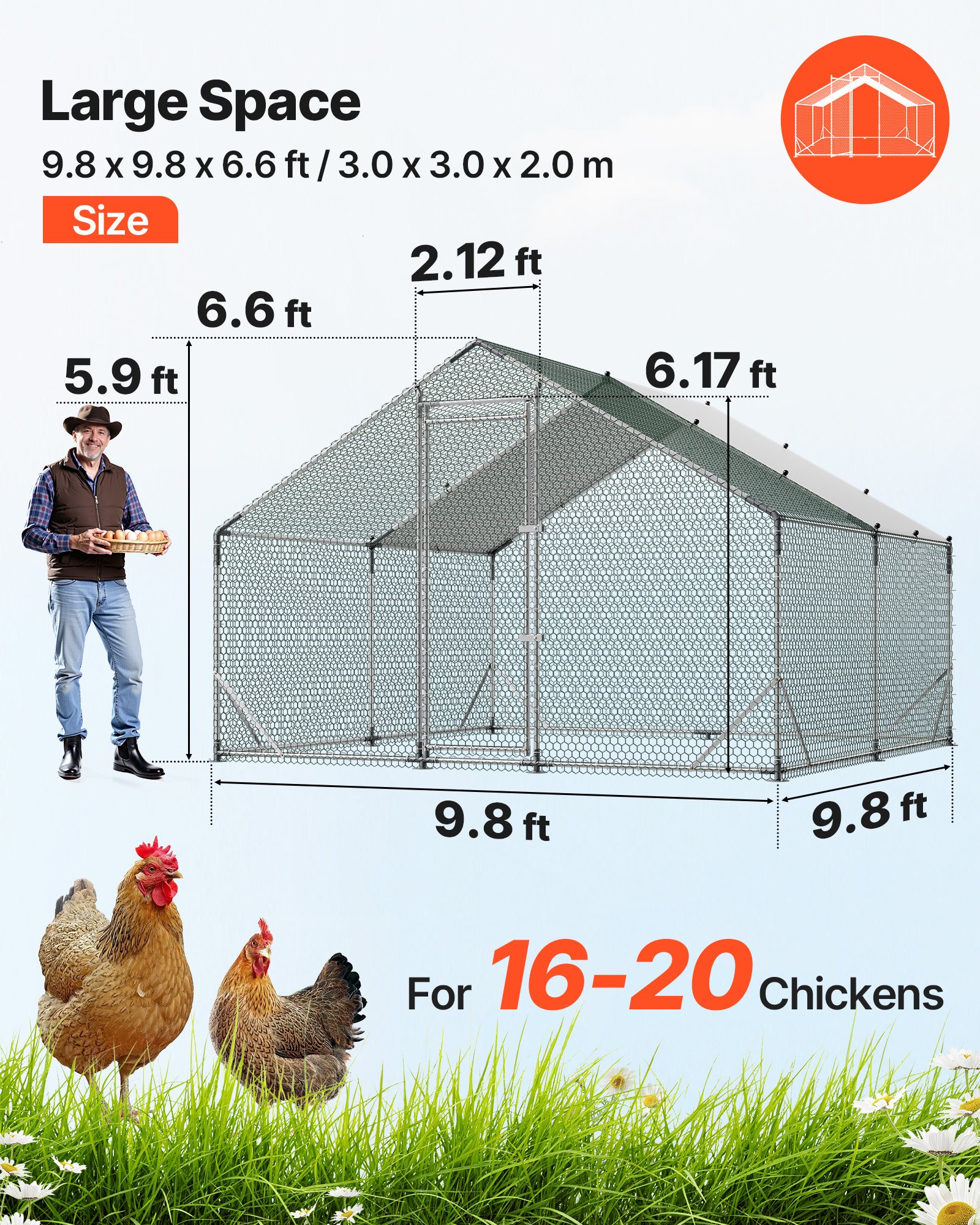 VEVOR Gallinero para Exterior Grande de 3 x 3 x 2 m, Caseta para Gallinas con Techo a Dos Aguas, Cubierta Impermeable, Marco de Acero Galvanizado, Corral de Malla para Pollos Conejos Patos en Granja