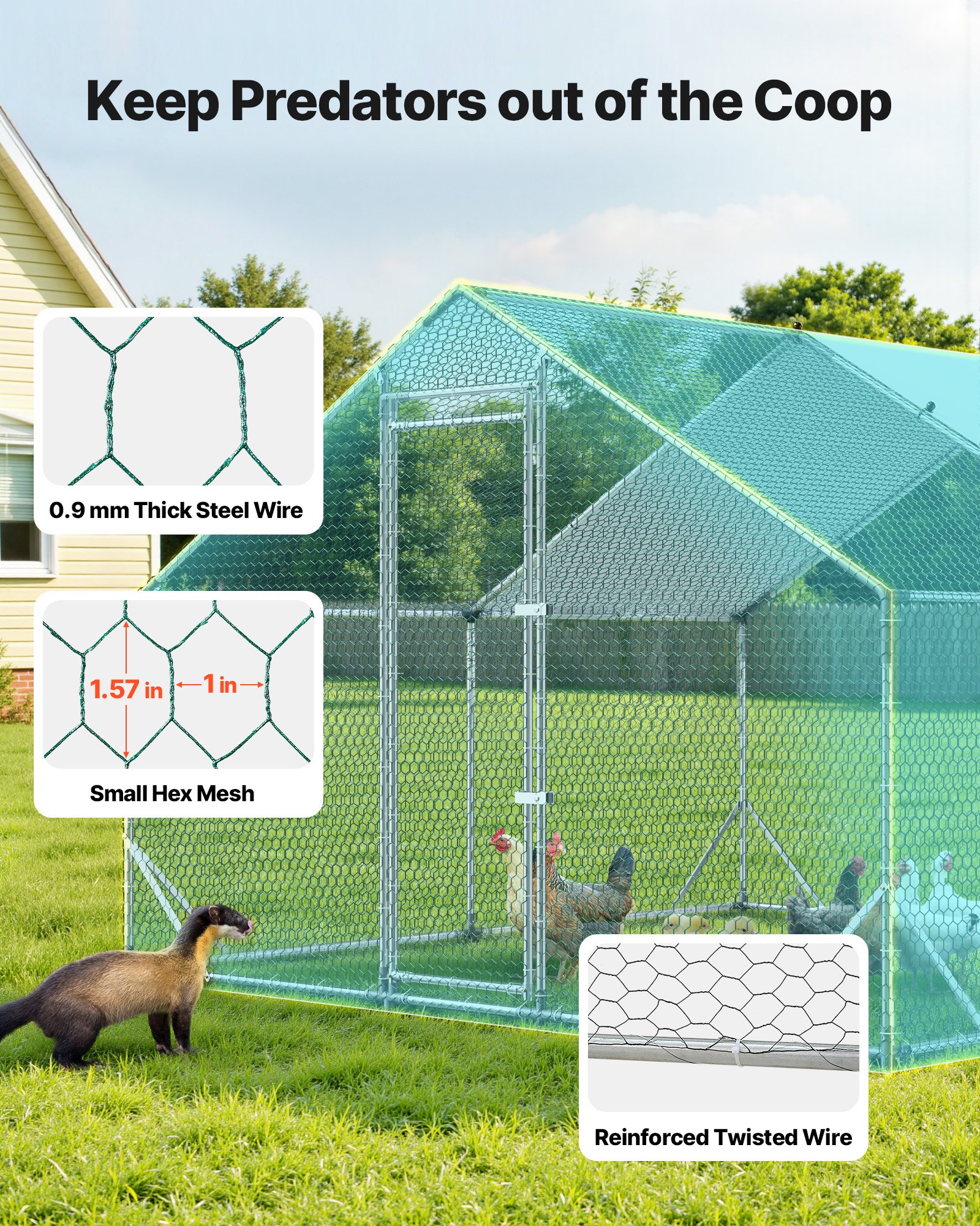 VEVOR Gallinero para Exterior Grande de 3 x 3 x 2 m, Caseta para Gallinas con Techo a Dos Aguas, Cubierta Impermeable, Marco de Acero Galvanizado, Corral de Malla para Pollos Conejos Patos en Granja