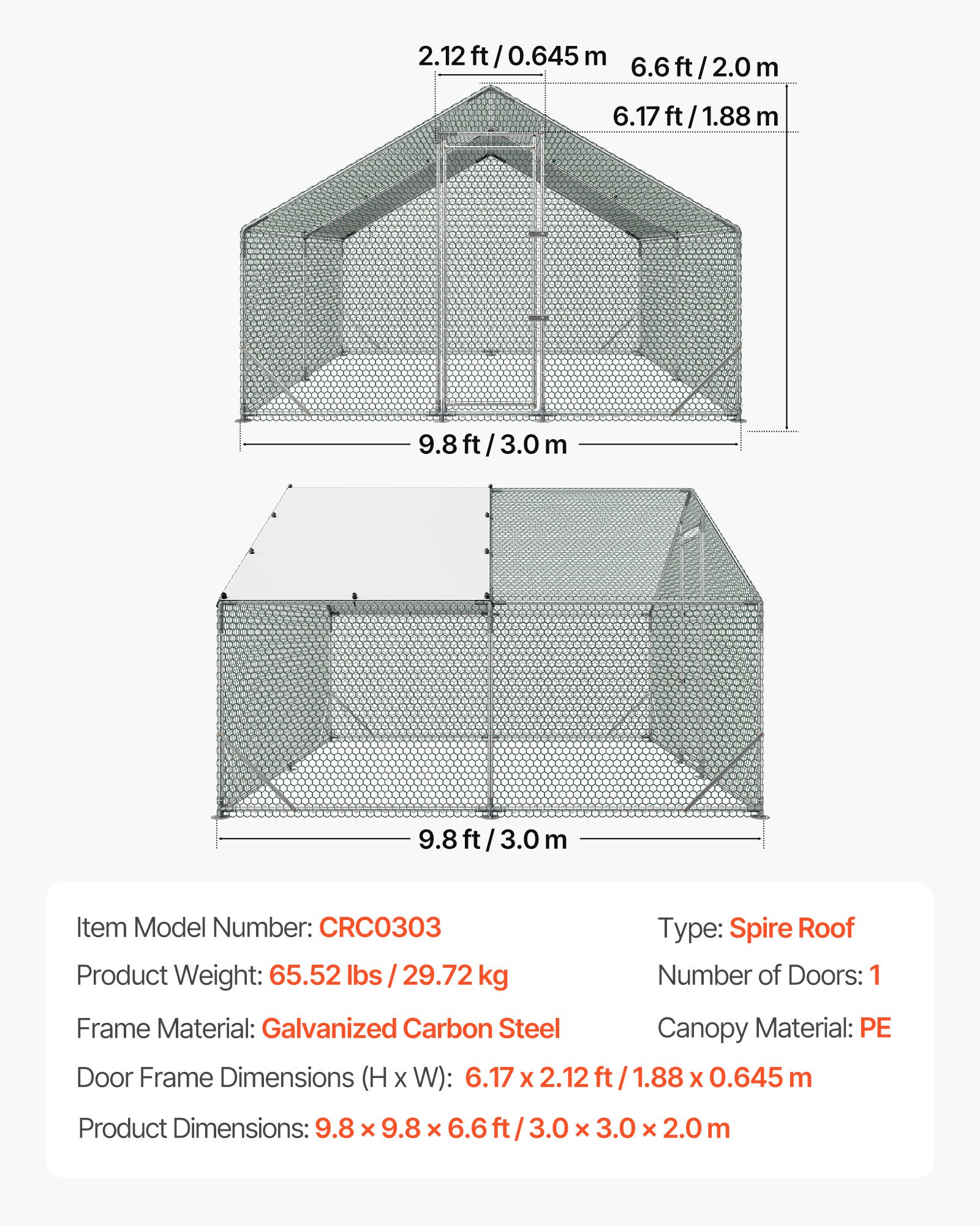 VEVOR Gallinero para Exterior Grande de 3 x 3 x 2 m, Caseta para Gallinas con Techo a Dos Aguas, Cubierta Impermeable, Marco de Acero Galvanizado, Corral de Malla para Pollos Conejos Patos en Granja