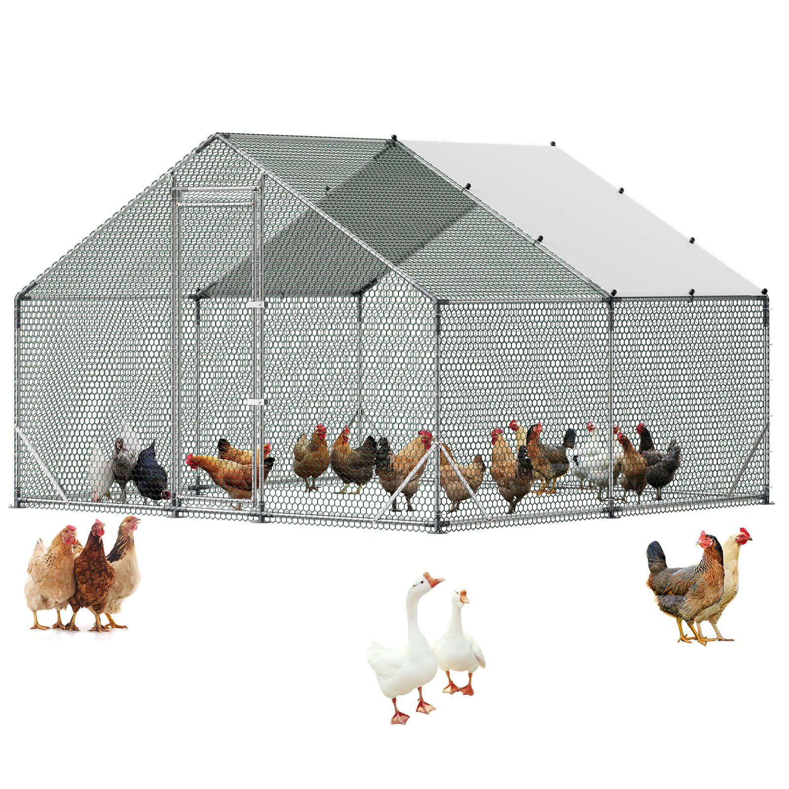 VEVOR Gallinero para Exterior Grande de 3 x 3 x 2 m, Caseta para Gallinas con Techo a Dos Aguas, Cubierta Impermeable, Marco de Acero Galvanizado, Corral de Malla para Pollos Conejos Patos en Granja