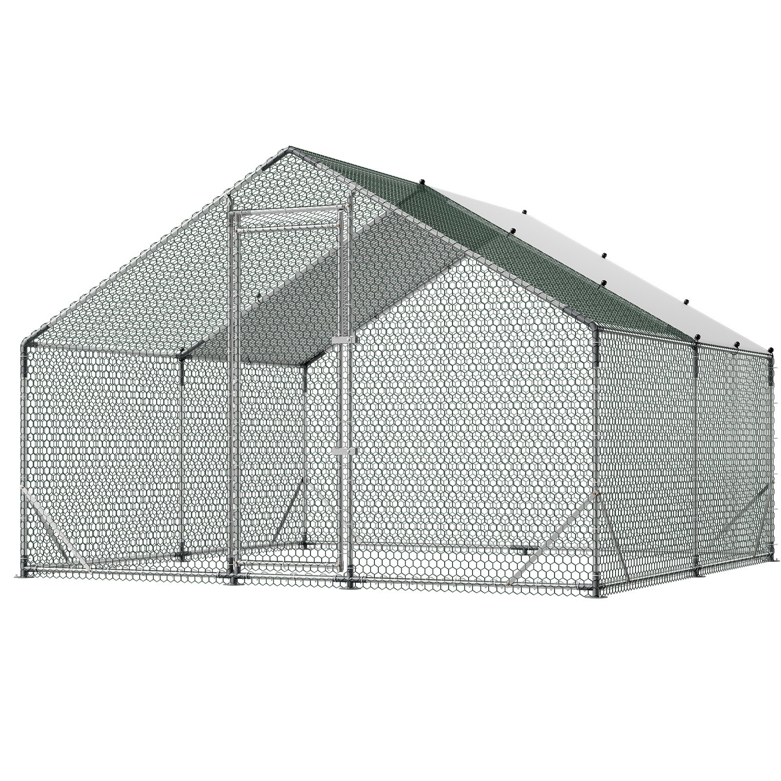 VEVOR Gallinero para Exterior Grande de 3 x 3 x 2 m, Caseta para Gallinas con Techo a Dos Aguas, Cubierta Impermeable, Marco de Acero Galvanizado, Corral de Malla para Pollos Conejos Patos en Granja
