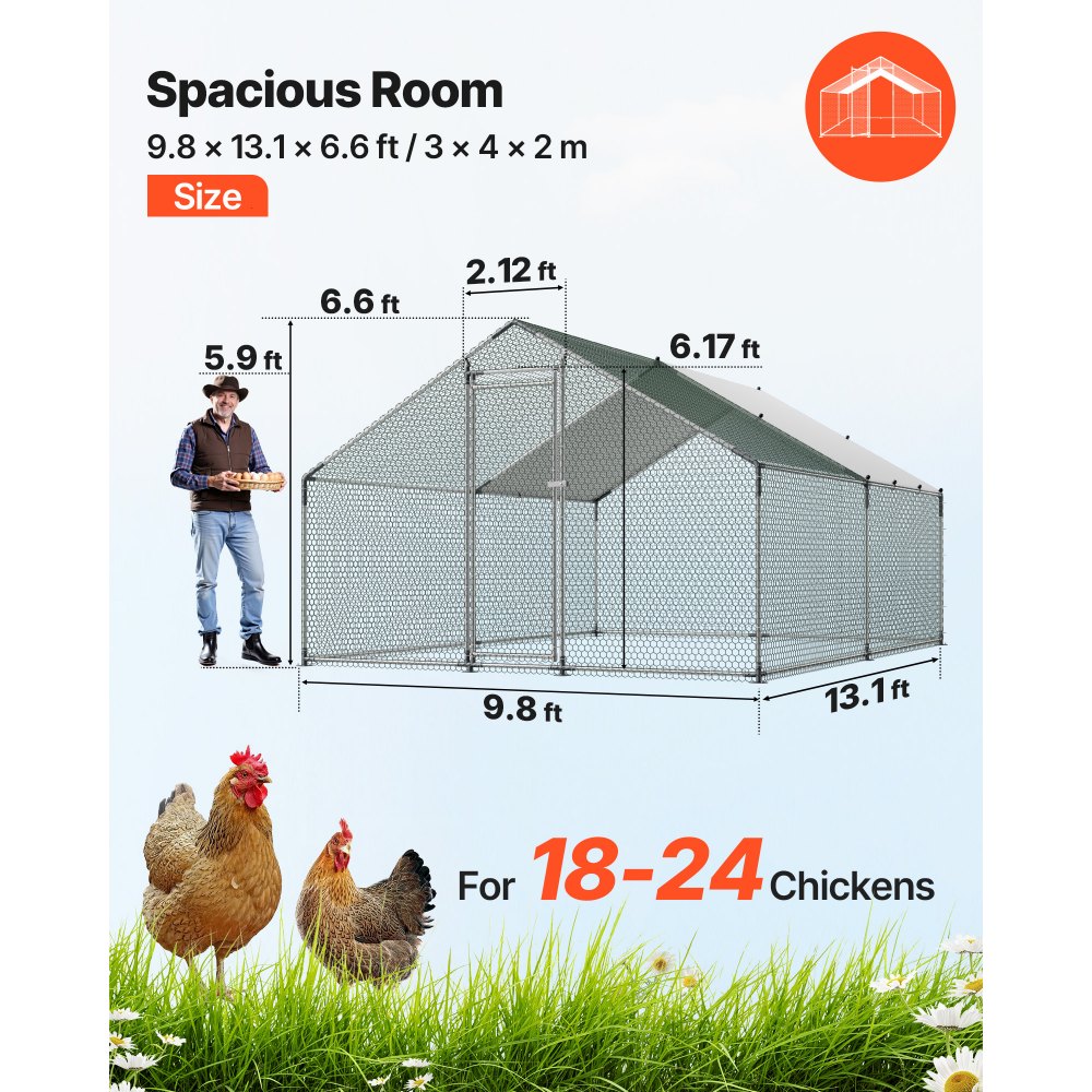 VEVOR Gallinero para Exterior Grande, 3 x 4 x 2 m, Caseta para Gallinas con Techo a Dos Aguas y Puerta con Pestillo, Cubierta Impermeable, Marco de Acero Galvanizado, Jaula de Malla para Campo Granja