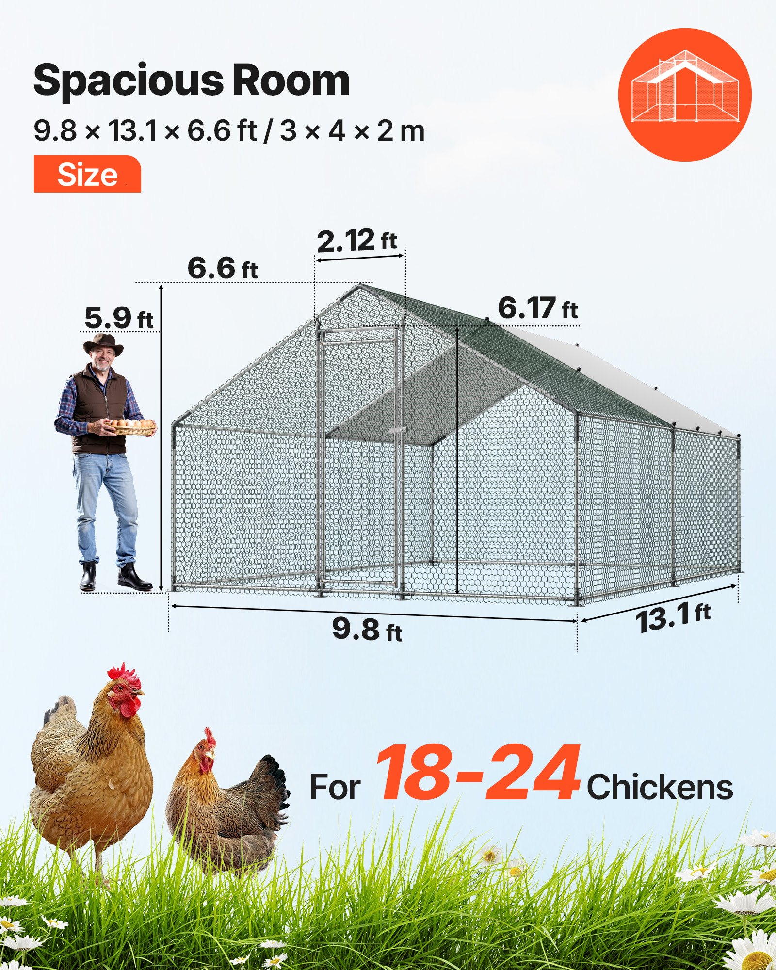 VEVOR Gallinero para Exterior Grande, 3 x 4 x 2 m, Caseta para Gallinas con Techo a Dos Aguas y Puerta con Pestillo, Cubierta Impermeable, Marco de Acero Galvanizado, Jaula de Malla para Campo Granja