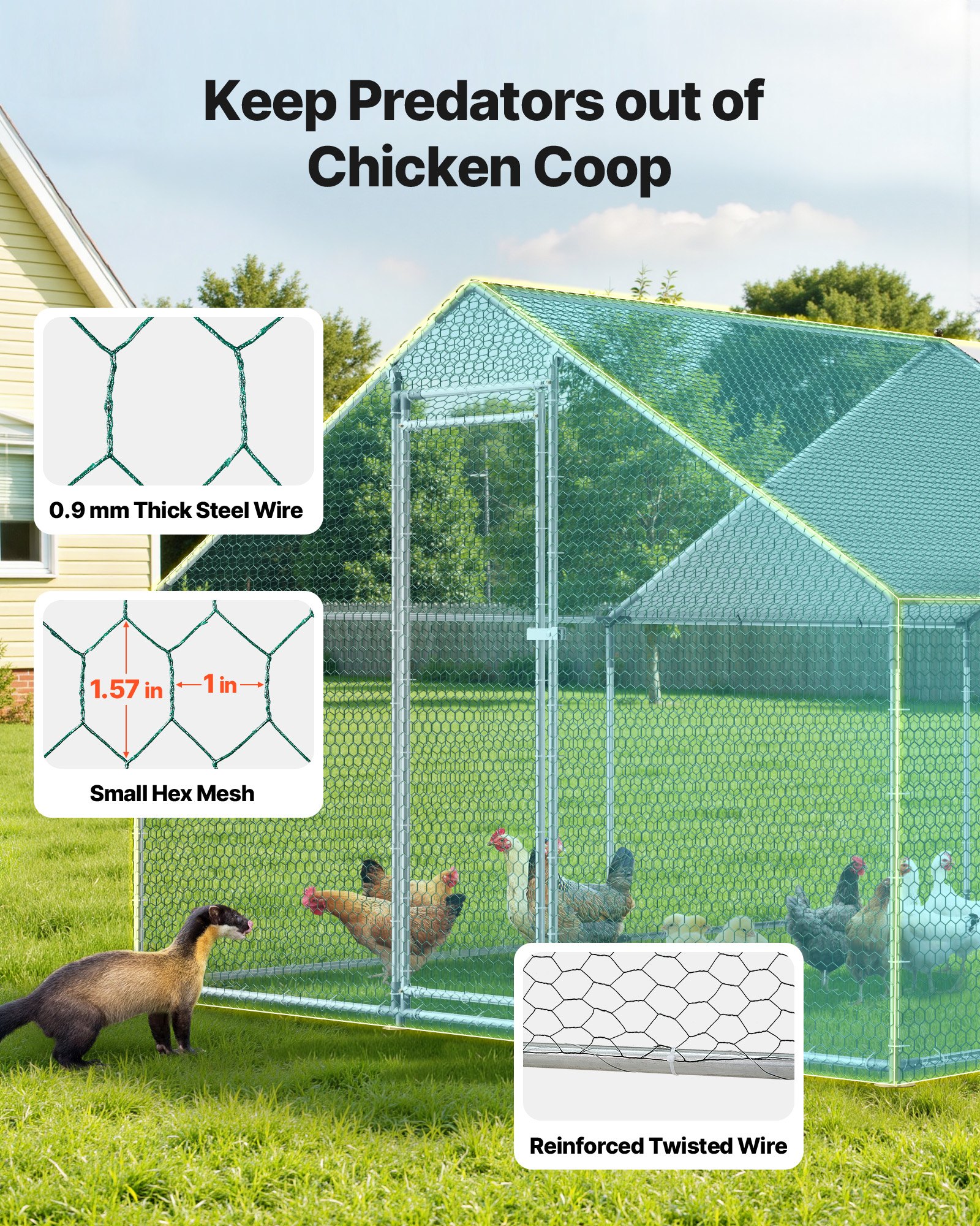 VEVOR Gallinero para Exterior Grande, 3 x 4 x 2 m, Caseta para Gallinas con Techo a Dos Aguas y Puerta con Pestillo, Cubierta Impermeable, Marco de Acero Galvanizado, Jaula de Malla para Campo Granja
