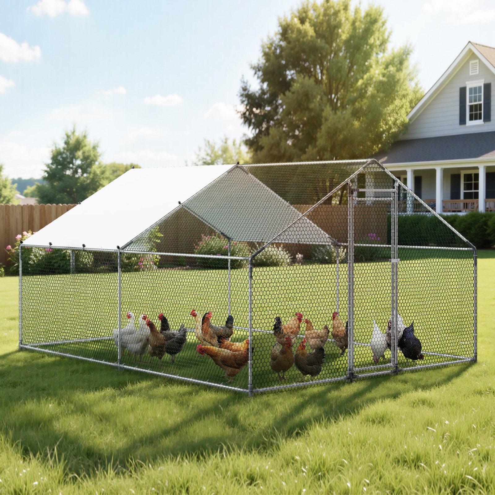 VEVOR Gallinero para Exterior Grande, 3 x 4 x 2 m, Caseta para Gallinas con Techo a Dos Aguas y Puerta con Pestillo, Cubierta Impermeable, Marco de Acero Galvanizado, Jaula de Malla para Campo Granja