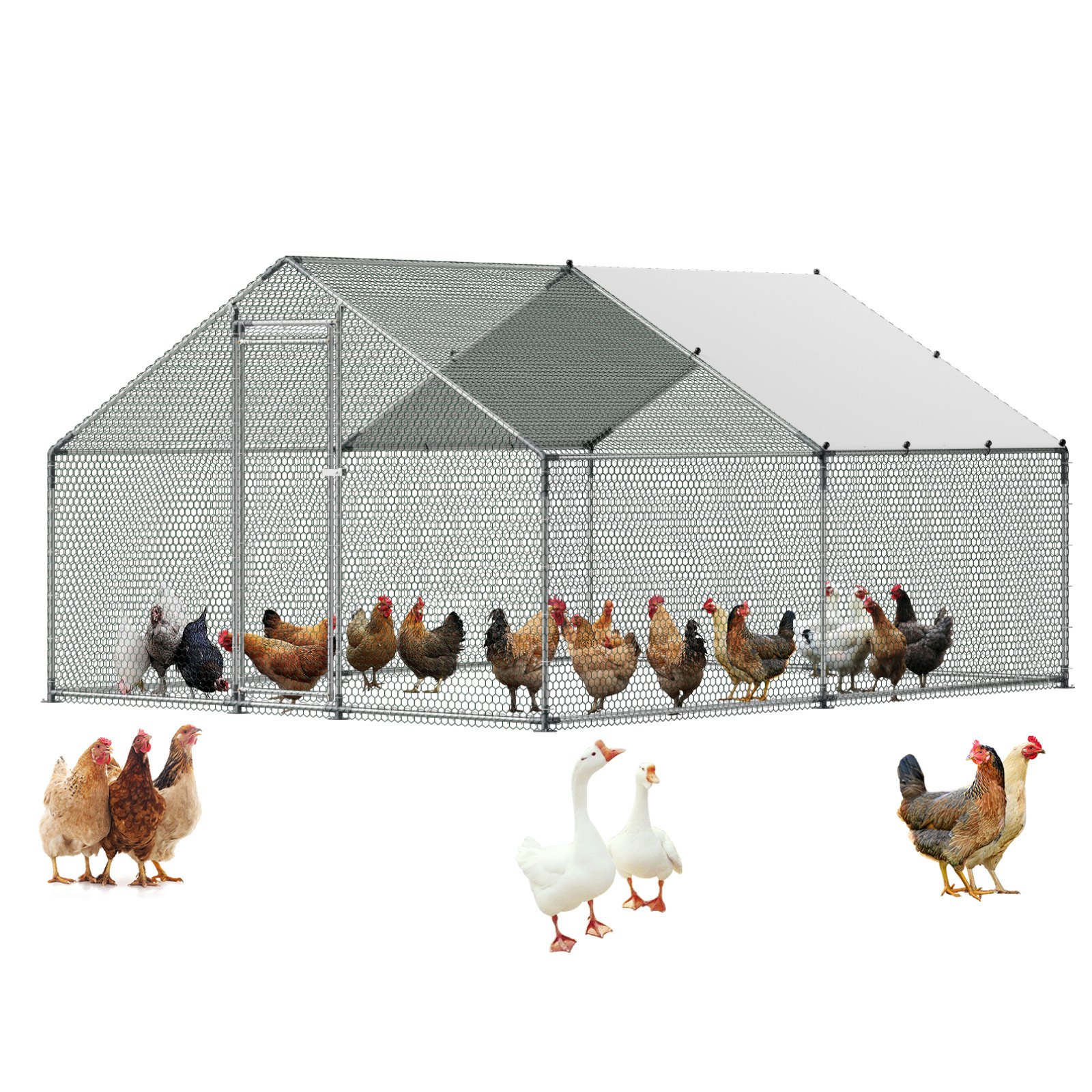 VEVOR Gallinero para Exterior Grande, 3 x 4 x 2 m, Caseta para Gallinas con Techo a Dos Aguas y Puerta con Pestillo, Cubierta Impermeable, Marco de Acero Galvanizado, Jaula de Malla para Campo Granja