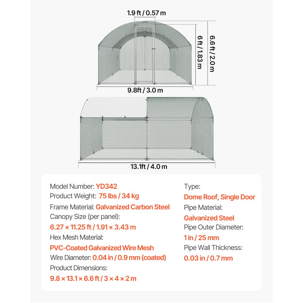 VEVOR Gallinero de Metal 3 x 4 x 2 m, Corral Grande para Gallinas con Cubierta, Cerramiento de Gallinero con Techo abuhardillado y Cerradura de Seguridad para Patos, Conejos y Aves de Corral