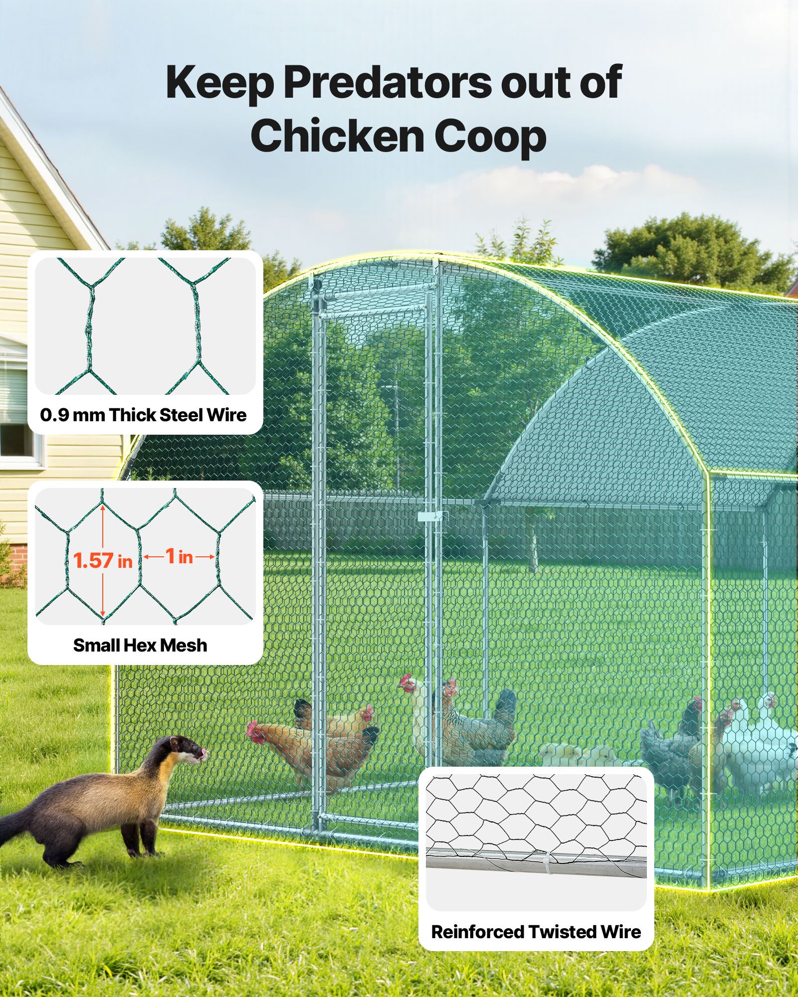 VEVOR Gallinero de Metal 3 x 4 x 2 m, Corral Grande para Gallinas con Cubierta, Cerramiento de Gallinero con Techo abuhardillado y Cerradura de Seguridad para Patos, Conejos y Aves de Corral