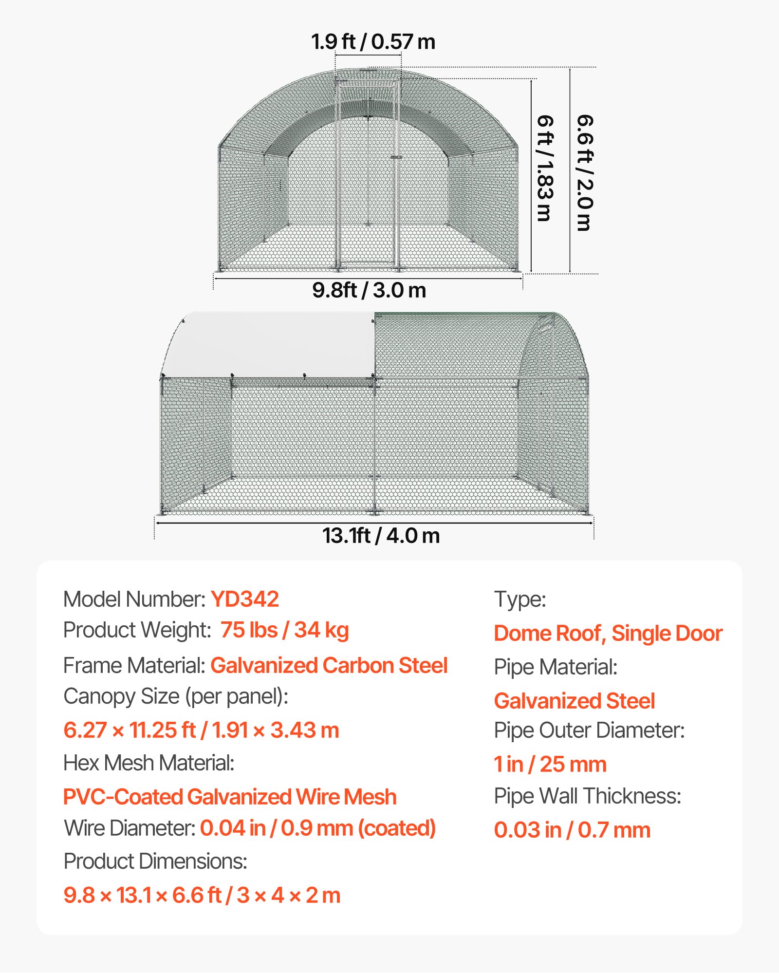 VEVOR Gallinero de Metal 3 x 4 x 2 m, Corral Grande para Gallinas con Cubierta, Cerramiento de Gallinero con Techo abuhardillado y Cerradura de Seguridad para Patos, Conejos y Aves de Corral