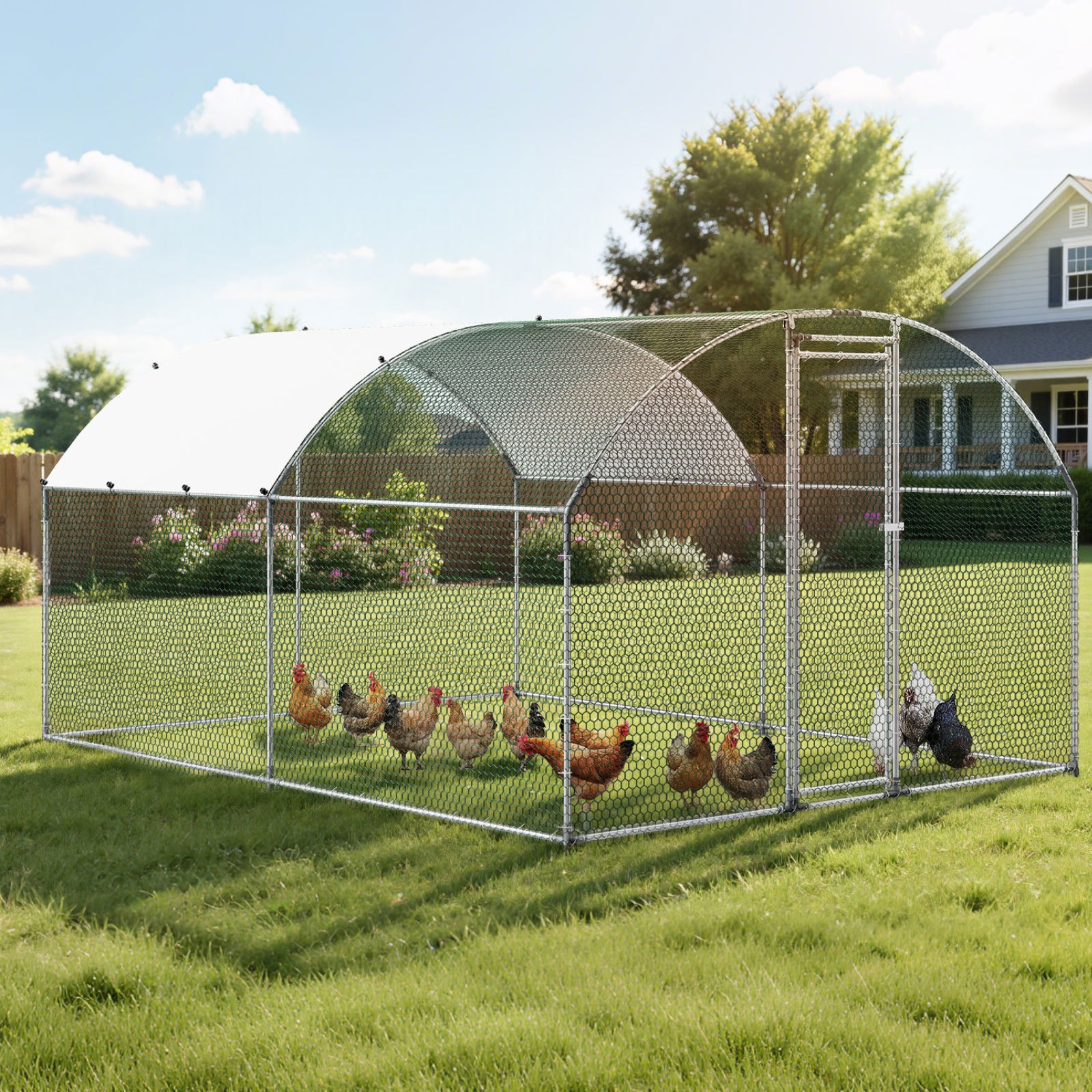 VEVOR Gallinero de Metal 3 x 4 x 2 m, Corral Grande para Gallinas con Cubierta, Cerramiento de Gallinero con Techo abuhardillado y Cerradura de Seguridad para Patos, Conejos y Aves de Corral