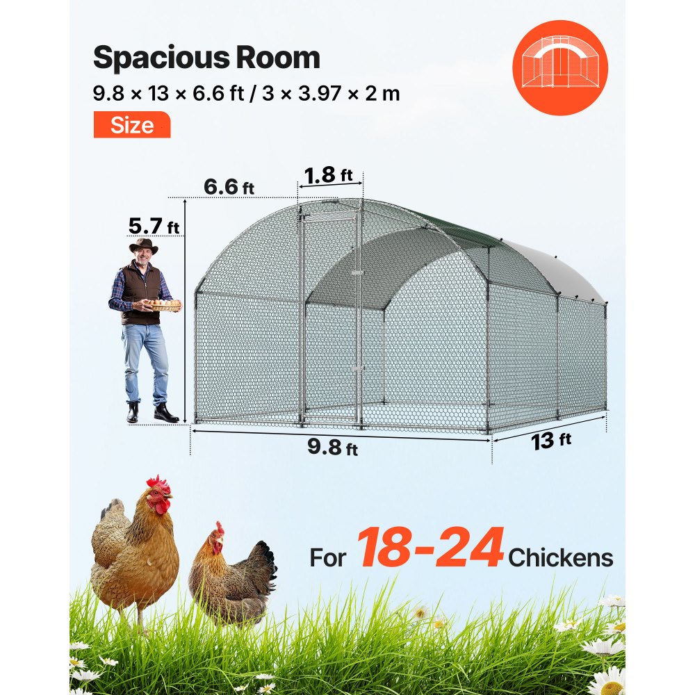VEVOR Gallinero para Exterior Grande 3x3,97x2 m Jaula de Malla para Pollos, Techo Semicircular, Puerta con Pestillo, Cubierta Impermeable, Marco de Acero Galvanizado, Caseta Metal para Campo Granja