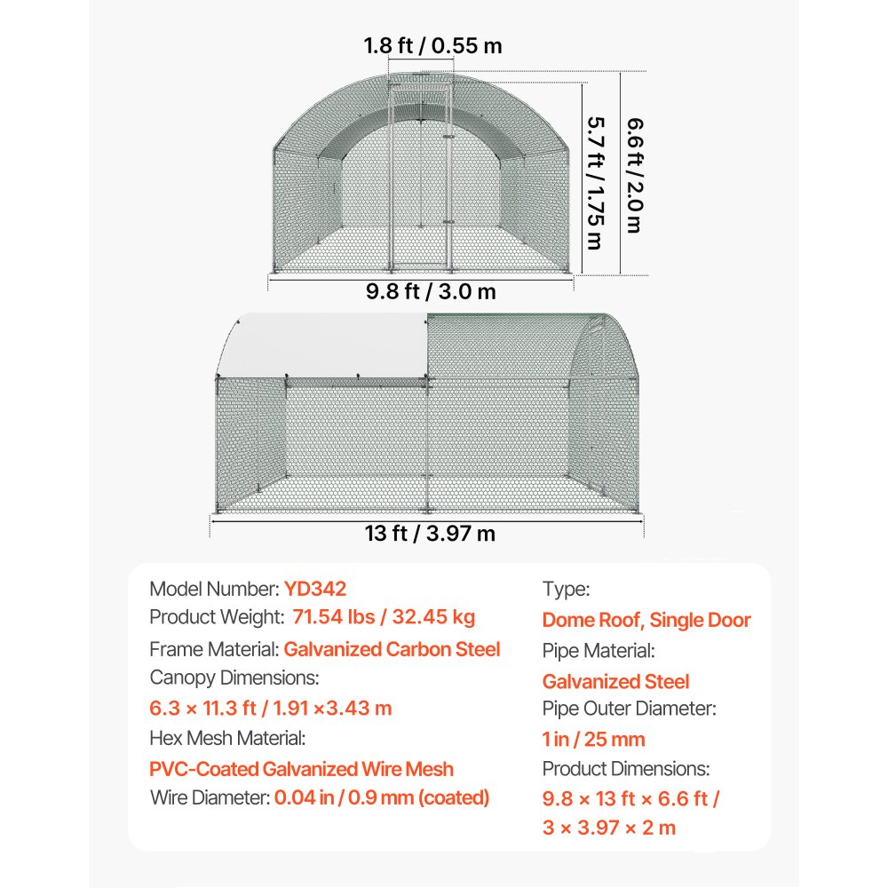VEVOR Gallinero para Exterior Grande 3x3,97x2 m Jaula de Malla para Pollos, Techo Semicircular, Puerta con Pestillo, Cubierta Impermeable, Marco de Acero Galvanizado, Caseta Metal para Campo Granja