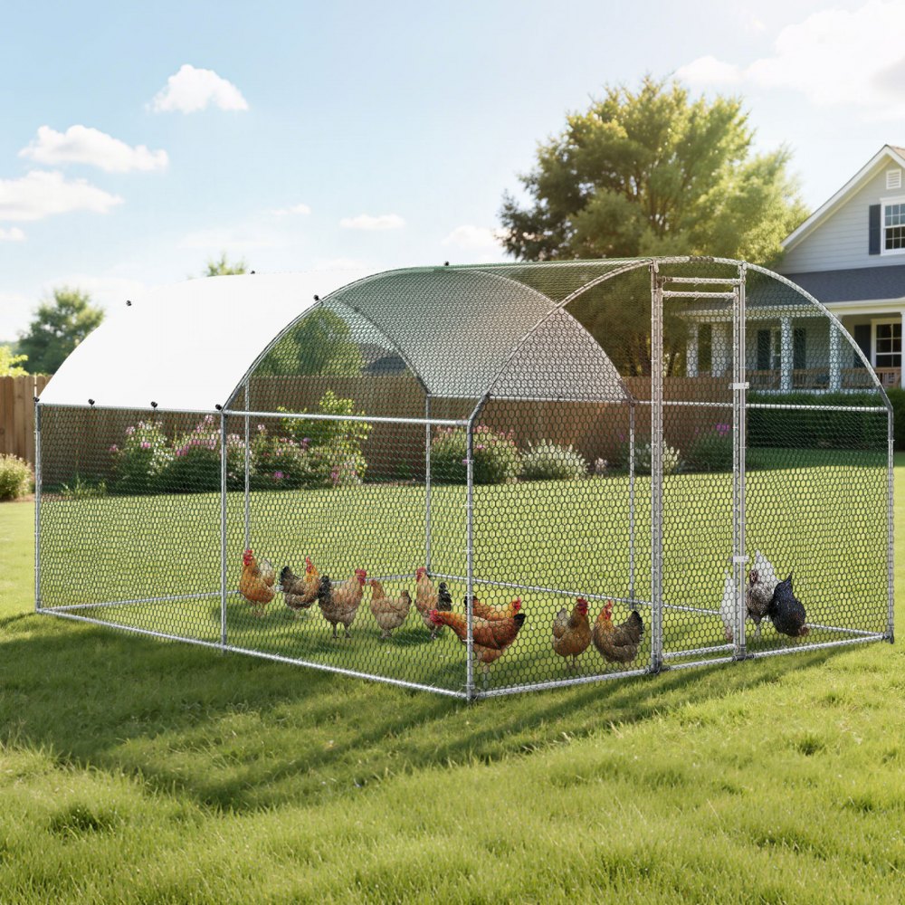 VEVOR Gallinero para Exterior Grande 3x3,97x2 m Jaula de Malla para Pollos, Techo Semicircular, Puerta con Pestillo, Cubierta Impermeable, Marco de Acero Galvanizado, Caseta Metal para Campo Granja