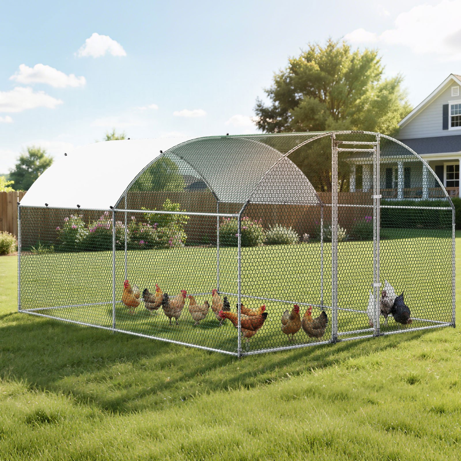 VEVOR Gallinero para Exterior Grande 3x3,97x2 m Jaula de Malla para Pollos, Techo Semicircular, Puerta con Pestillo, Cubierta Impermeable, Marco de Acero Galvanizado, Caseta Metal para Campo Granja