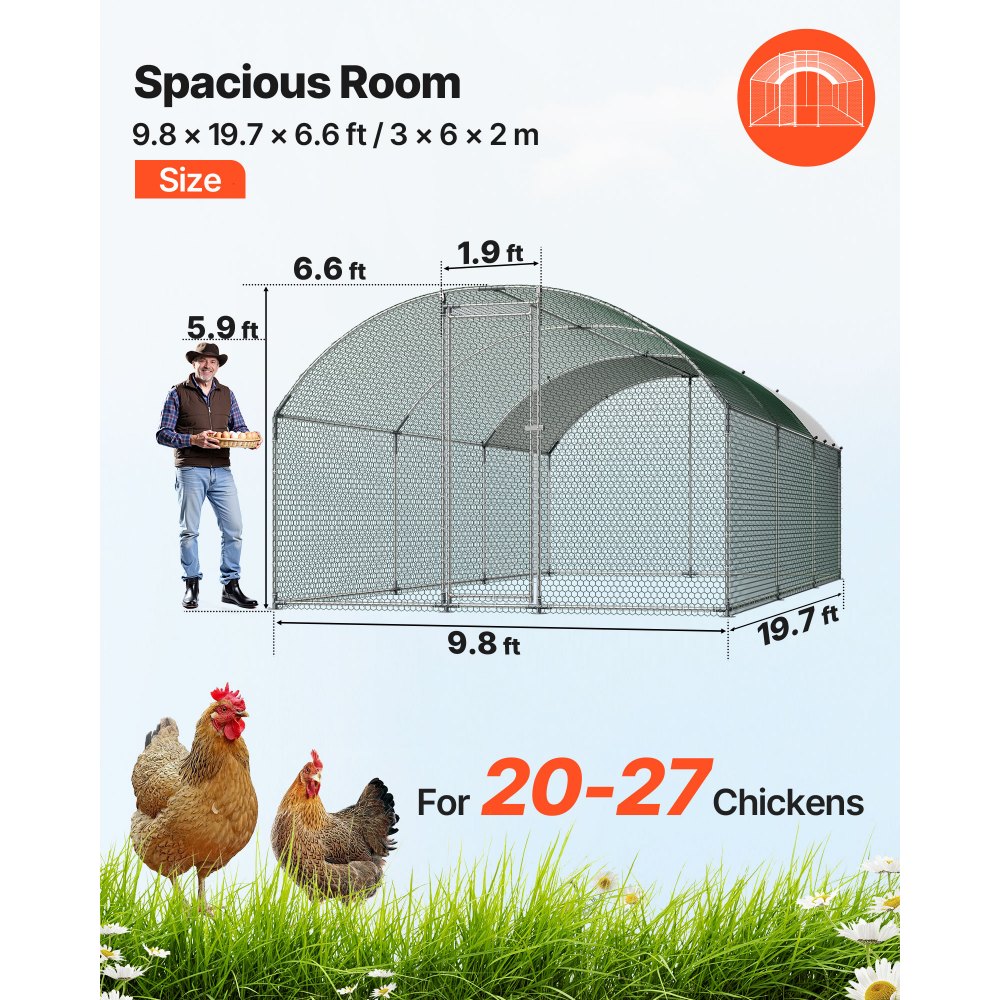 VEVOR Gallinero de Metal 3 x 6 x 2 m, Corral Grande para Gallinas con Cubierta, Cerramiento de Gallinero con Techo abuhardillado y Cerradura de Seguridad para Patos, Conejos y Aves de Corral