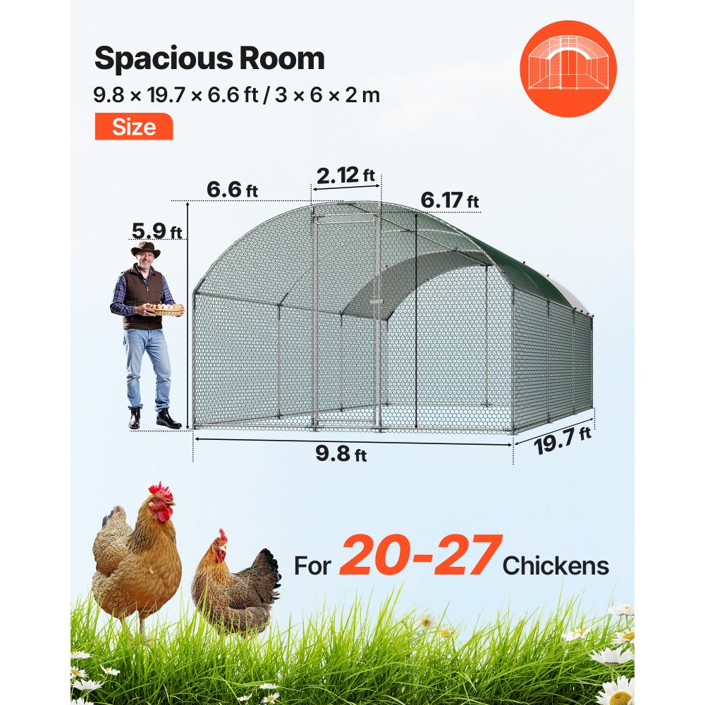 VEVOR Gallinero para Exterior Grande de 3 x 6 x 2 m, Caseta para Gallinas con Techo Semicircular, Cubierta Impermeable, Acero Galvanizado, Corral para Pollos Patos Ganso Compatible con Campo Granja