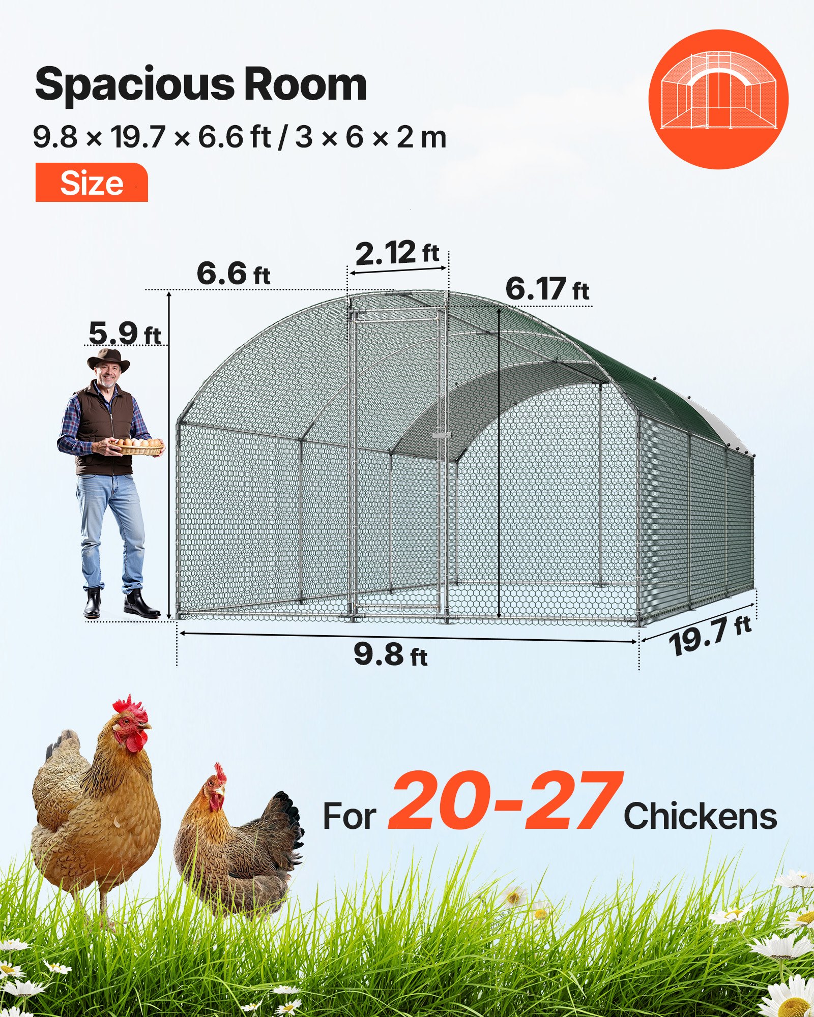 VEVOR Gallinero para Exterior Grande de 3 x 6 x 2 m, Caseta para Gallinas con Techo Semicircular, Cubierta Impermeable, Acero Galvanizado, Corral para Pollos Patos Ganso Compatible con Campo Granja