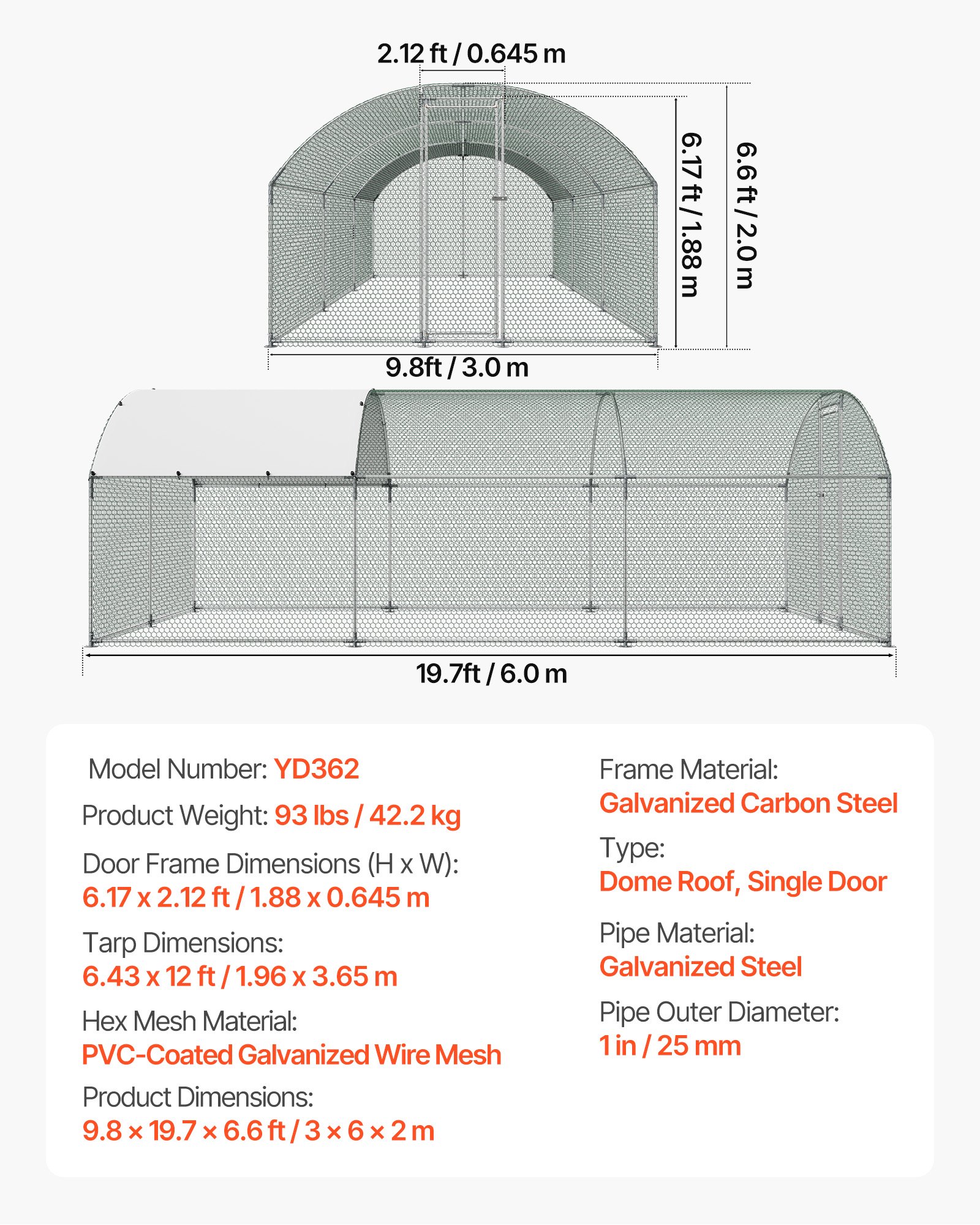 VEVOR Gallinero para Exterior Grande de 3 x 6 x 2 m, Caseta para Gallinas con Techo Semicircular, Cubierta Impermeable, Acero Galvanizado, Corral para Pollos Patos Ganso Compatible con Campo Granja