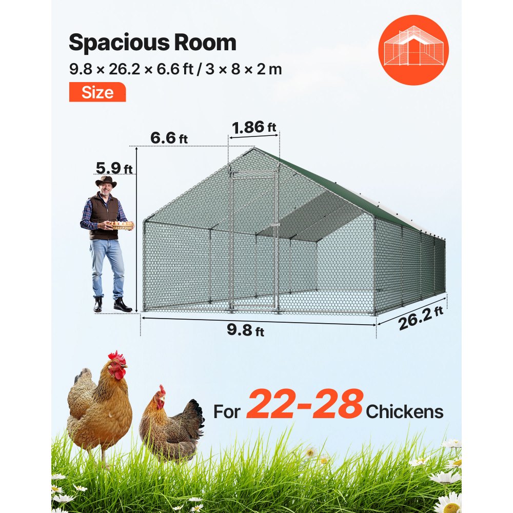 VEVOR Gallinero de Metal 3 x 8 x 2 m, Corral Grande para Gallinas con Cubierta, Cerramiento de Gallinero con Techo en Forma de Aguja con Cerradura de Seguridad para Patos, Conejos y Aves de Corral