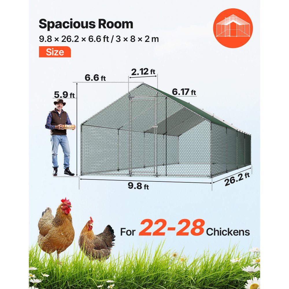 VEVOR Gallinero para Exterior Grande de 3 x 8 x 2 m, Caseta para Gallinas con Cubierta Impermeable Cerrojo de Pestillo y Techo a Dos Aguas, Tubos de Acero Galvanizado, Corral para Pollos Patos Ganso