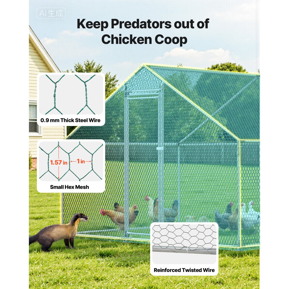 VEVOR Gallinero para Exterior Grande de 3 x 8 x 2 m, Caseta para Gallinas con Cubierta Impermeable Cerrojo de Pestillo y Techo a Dos Aguas, Tubos de Acero Galvanizado, Corral para Pollos Patos Ganso