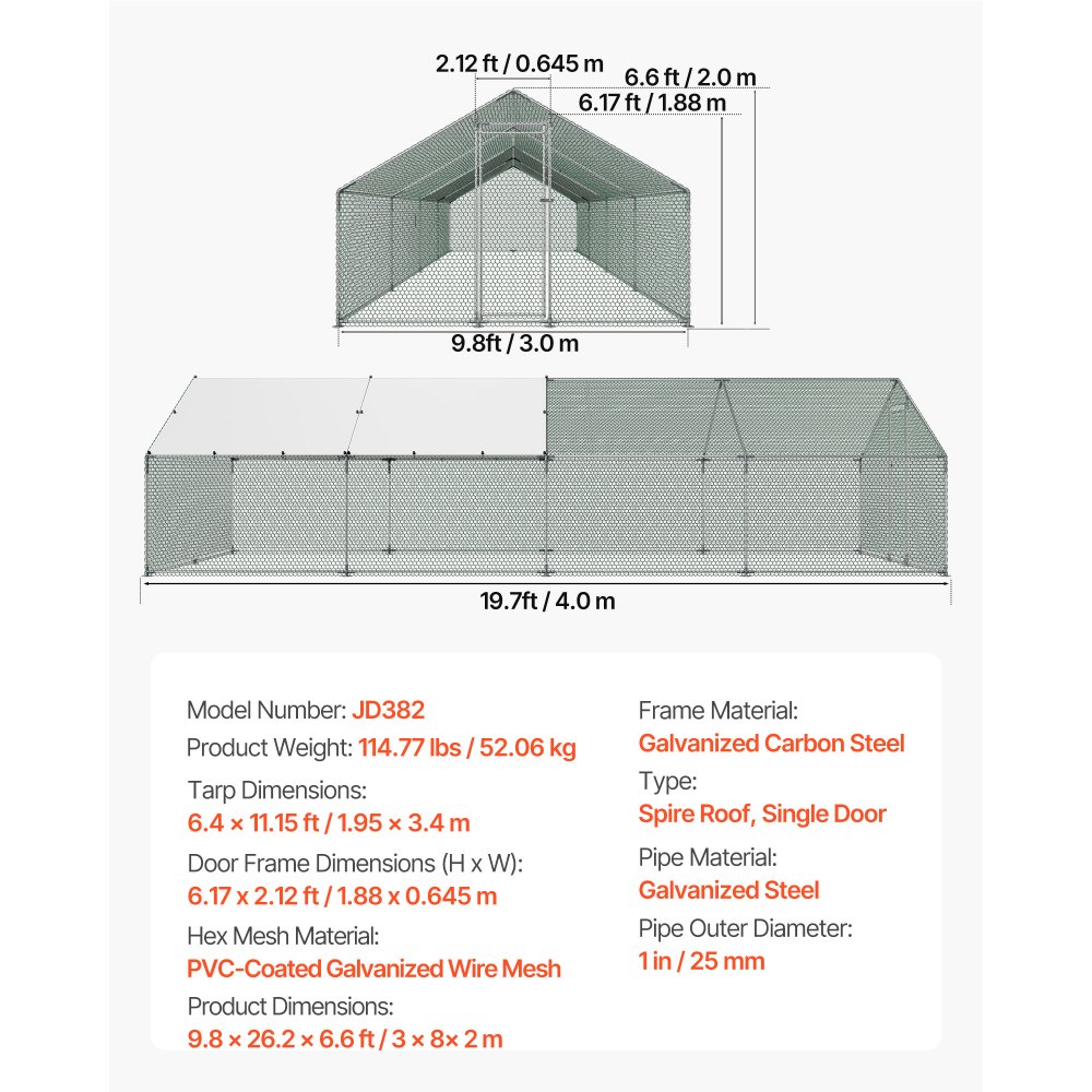 VEVOR Gallinero para Exterior Grande de 3 x 8 x 2 m, Caseta para Gallinas con Cubierta Impermeable Cerrojo de Pestillo y Techo a Dos Aguas, Tubos de Acero Galvanizado, Corral para Pollos Patos Ganso