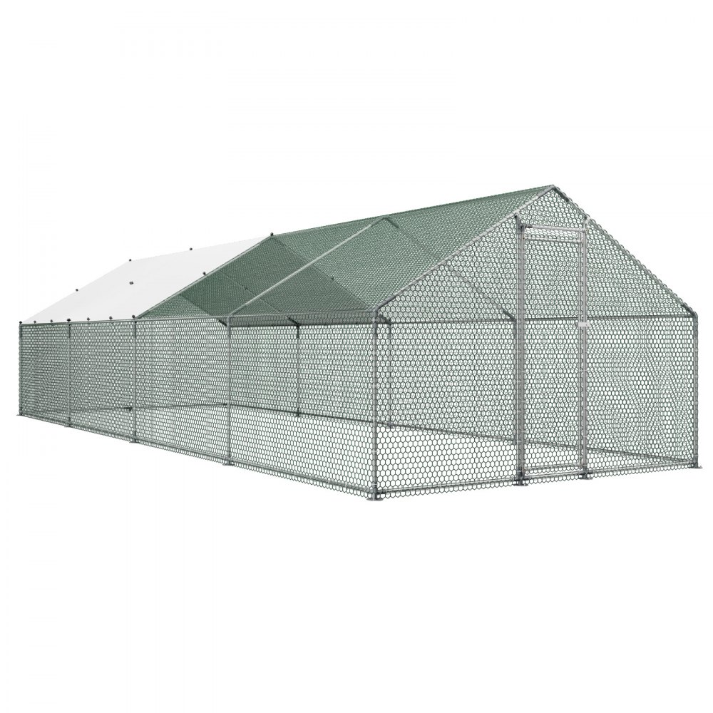 VEVOR Gallinero para Exterior Grande de 3 x 8 x 2 m, Caseta para Gallinas con Cubierta Impermeable Cerrojo de Pestillo y Techo a Dos Aguas, Tubos de Acero Galvanizado, Corral para Pollos Patos Ganso