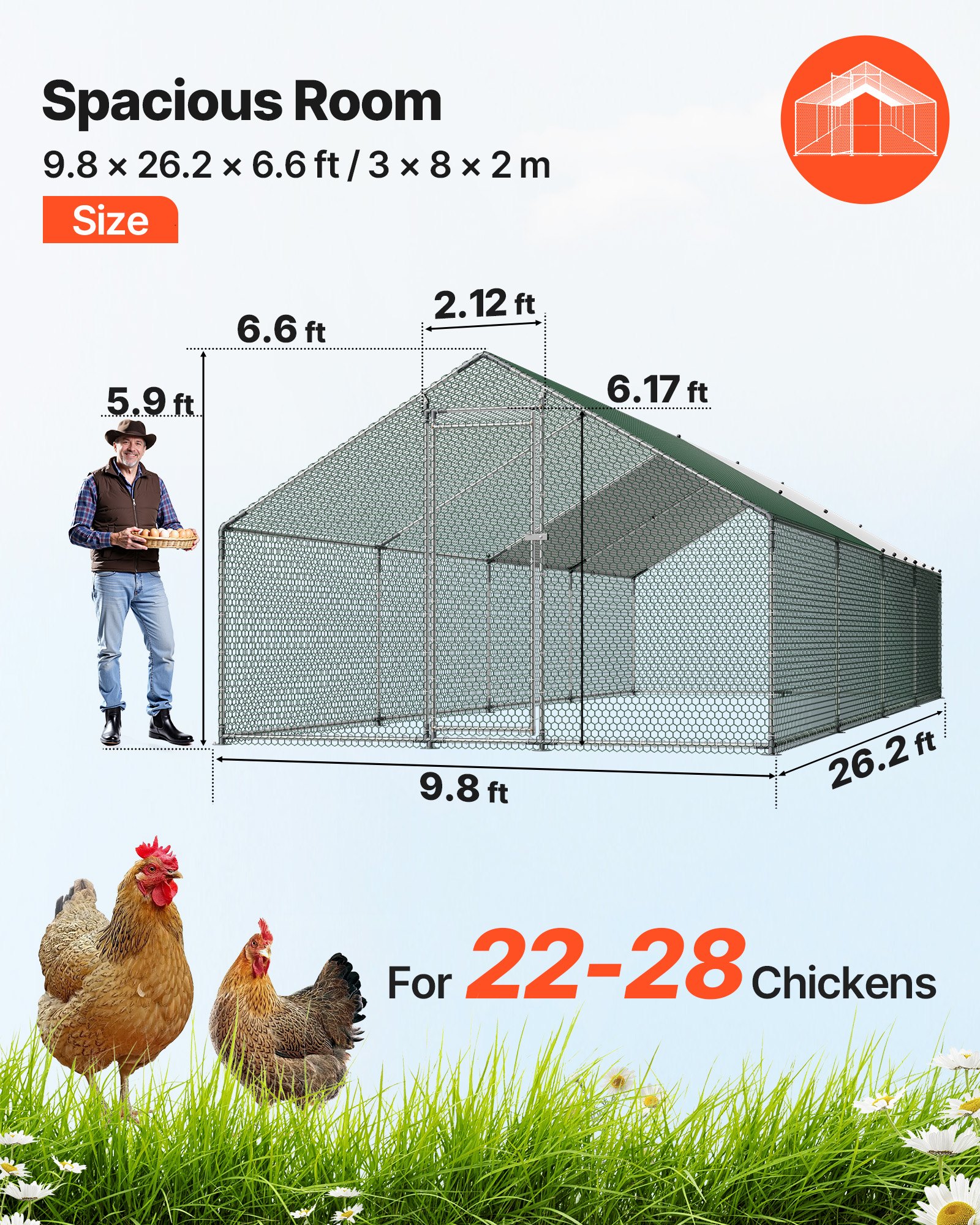 VEVOR Gallinero para Exterior Grande de 3 x 8 x 2 m, Caseta para Gallinas con Cubierta Impermeable Cerrojo de Pestillo y Techo a Dos Aguas, Tubos de Acero Galvanizado, Corral para Pollos Patos Ganso