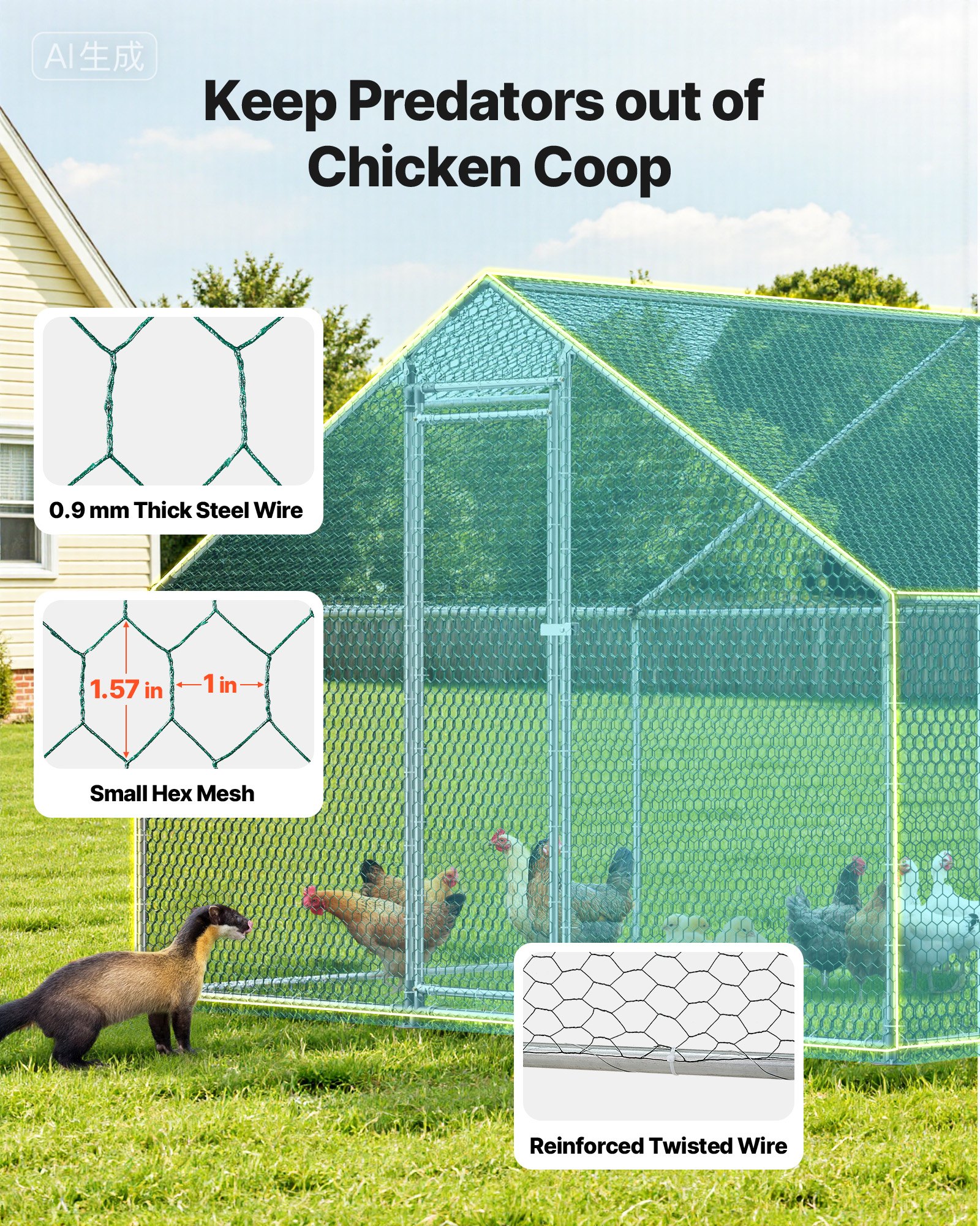 VEVOR Gallinero para Exterior Grande de 3 x 8 x 2 m, Caseta para Gallinas con Cubierta Impermeable Cerrojo de Pestillo y Techo a Dos Aguas, Tubos de Acero Galvanizado, Corral para Pollos Patos Ganso