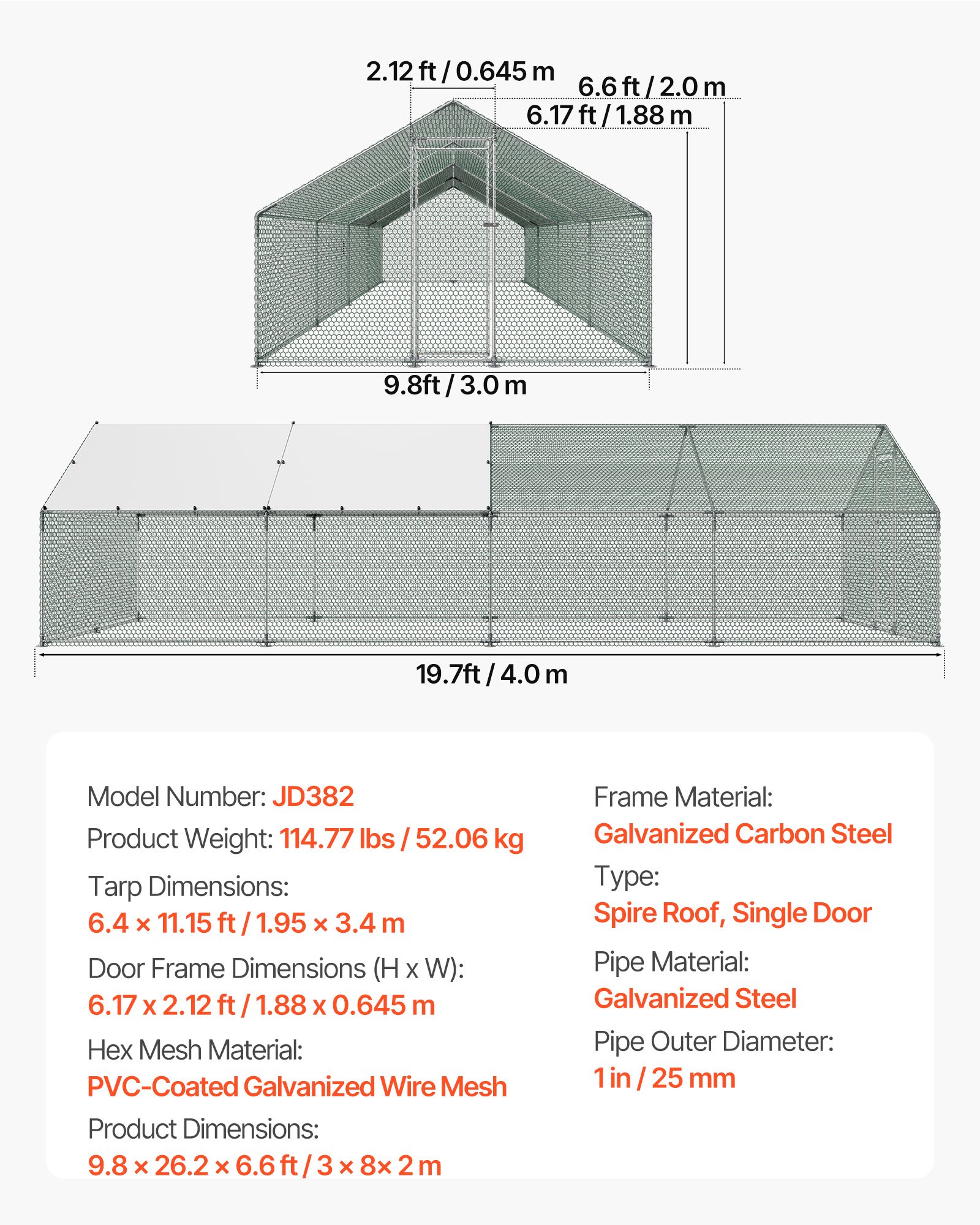 VEVOR Gallinero para Exterior Grande de 3 x 8 x 2 m, Caseta para Gallinas con Cubierta Impermeable Cerrojo de Pestillo y Techo a Dos Aguas, Tubos de Acero Galvanizado, Corral para Pollos Patos Ganso
