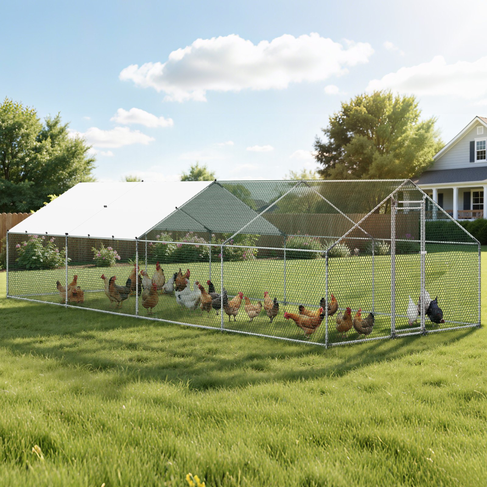 VEVOR Gallinero para Exterior Grande de 3 x 8 x 2 m, Caseta para Gallinas con Cubierta Impermeable Cerrojo de Pestillo y Techo a Dos Aguas, Tubos de Acero Galvanizado, Corral para Pollos Patos Ganso
