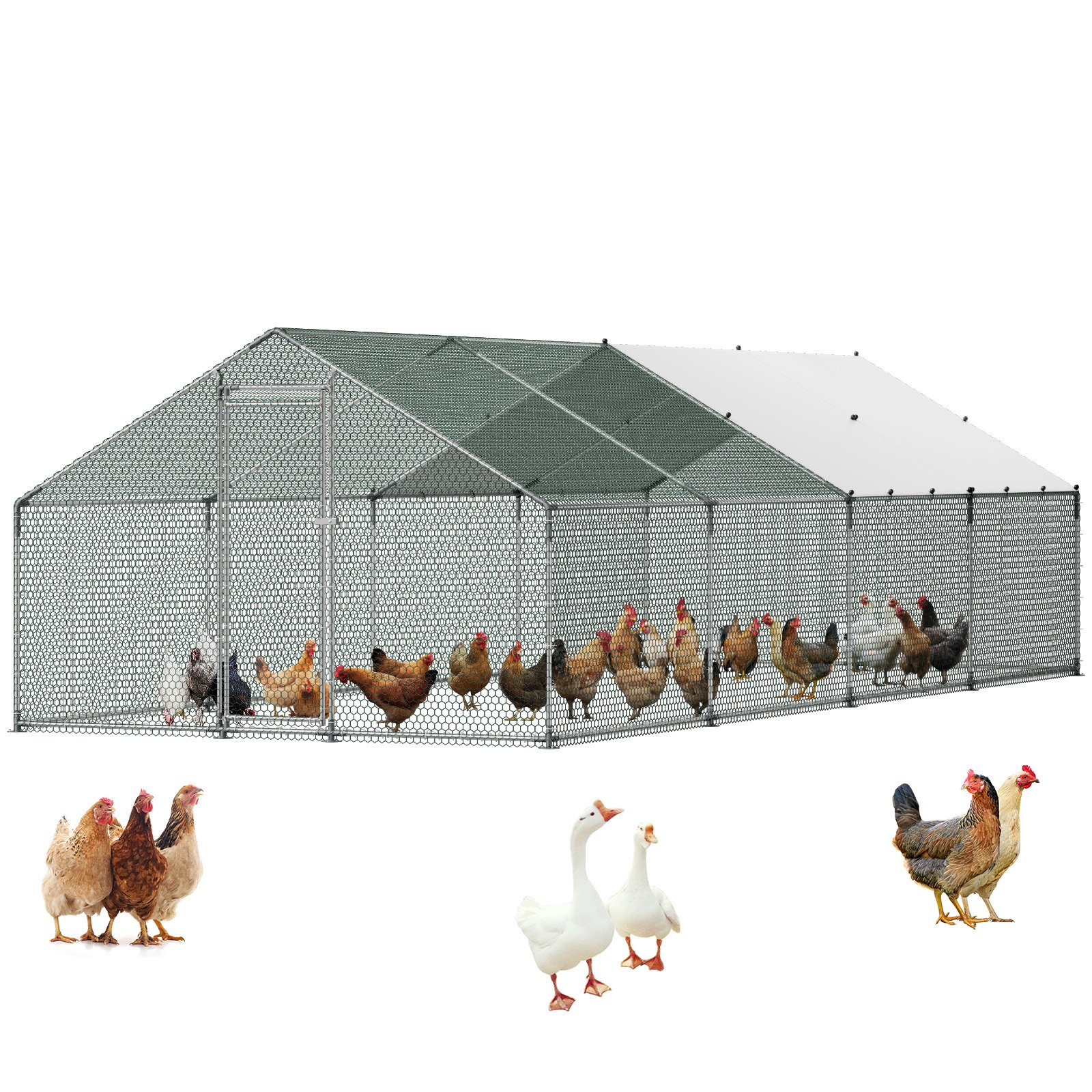 VEVOR Gallinero para Exterior Grande de 3 x 8 x 2 m, Caseta para Gallinas con Cubierta Impermeable Cerrojo de Pestillo y Techo a Dos Aguas, Tubos de Acero Galvanizado, Corral para Pollos Patos Ganso