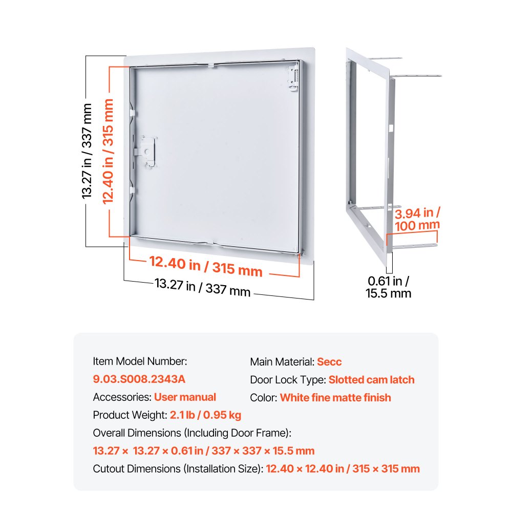 VEVOR Trampilla de Inspección 315x315 mm de Acero Galvanizado, Puerta de Acceso para Paneles de Yeso, con Pestillo de Destornillador, para Instalación de Fontanería y Electricidad en Techos, Blanco