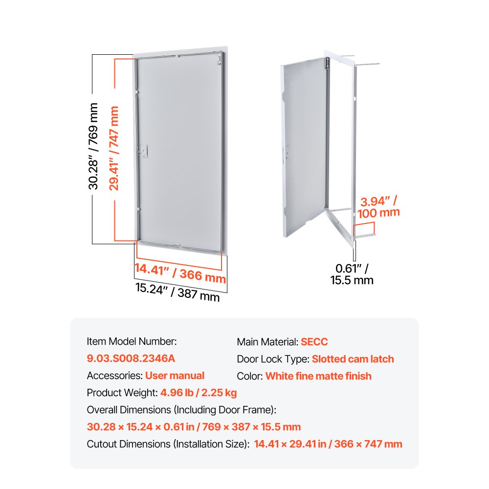 VEVOR Trampilla de Inspección para Paneles de Yeso, Puerta de Acceso de Acero Galvanizado 747x366 mm, con Pestillo de Destornillador, para Instalación de Fontanería y Electricidad en Techos, Blanco