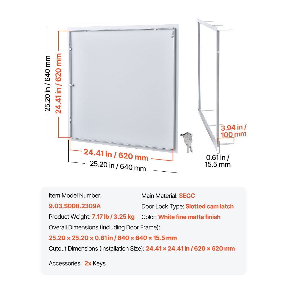 VEVOR Trampilla de Inspección 620 x 620 mm de Acero Galvanizado, Puerta de Acceso para Paneles de Yeso, con Llaves, para Instalación de Fontanería y Electricidad en Techos, Total de 640 x 640 mm