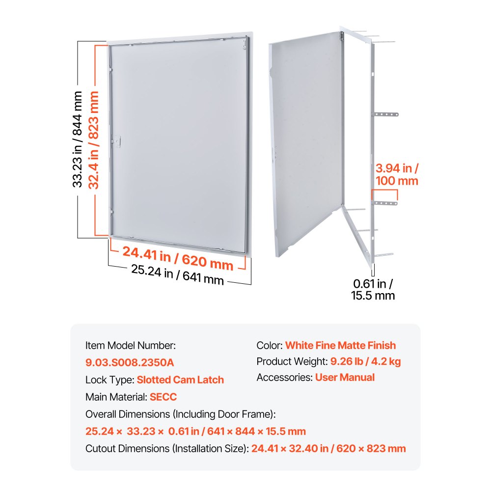 VEVOR Trampilla de Inspección 823x620 mm de Acero Galvanizado, Puerta de Acceso para Paneles de Yeso, con Pestillo de Destornillador, para Instalación de Fontanería y Electricidad en Techos, Blanco