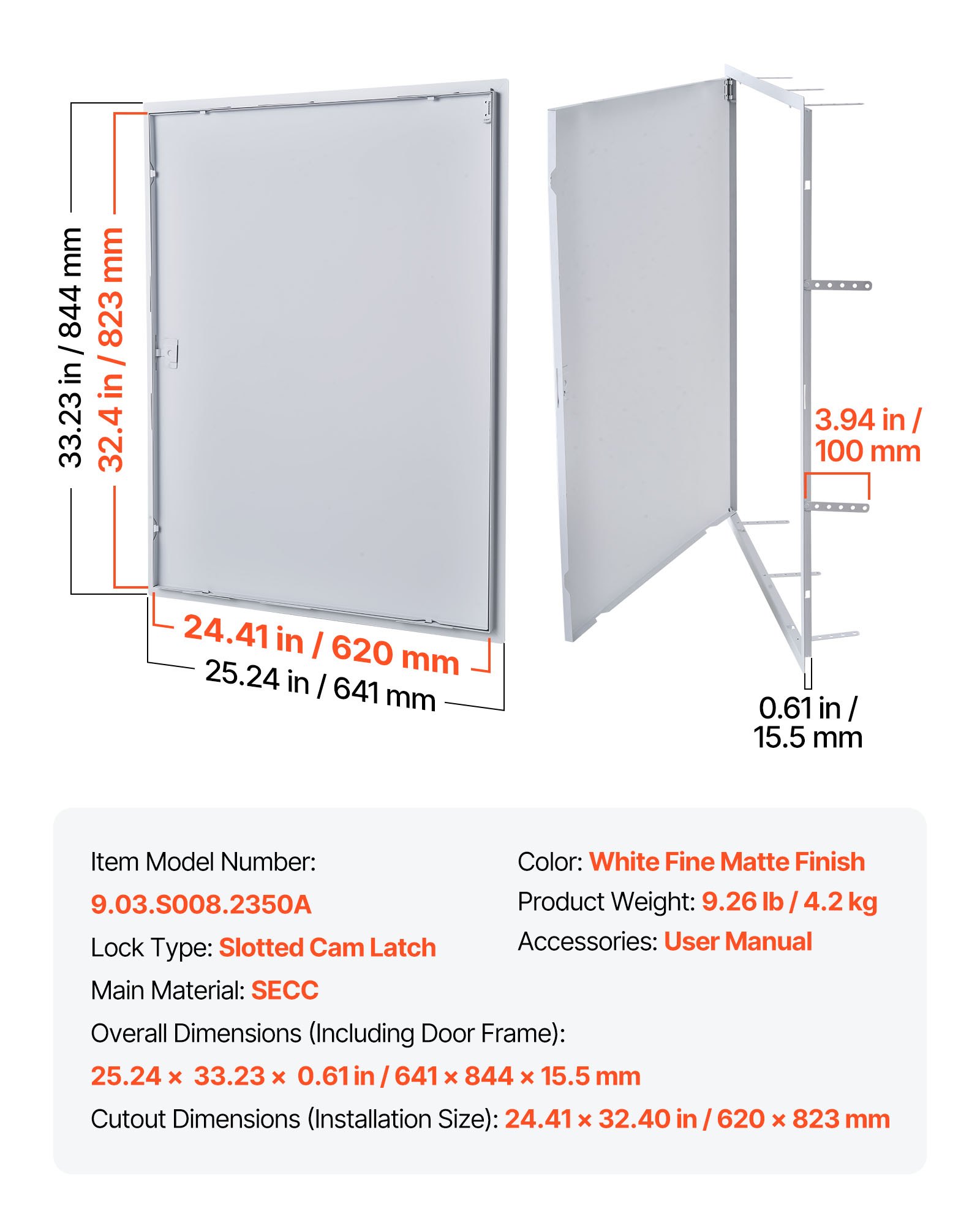 VEVOR Trampilla de Inspección 823x620 mm de Acero Galvanizado, Puerta de Acceso para Paneles de Yeso, con Pestillo de Destornillador, para Instalación de Fontanería y Electricidad en Techos, Blanco