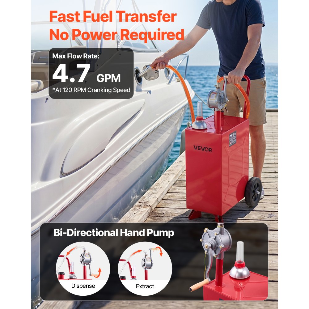 VEVOR Carro de Combustible de 56,8 L con Depósito de Diésel y Gasolina, Tanque de Combustible con 2 Ruedas, Bomba Manual de Trasvase Bidireccional, Acero al Carbono, para Granja, Garaje y Exterior